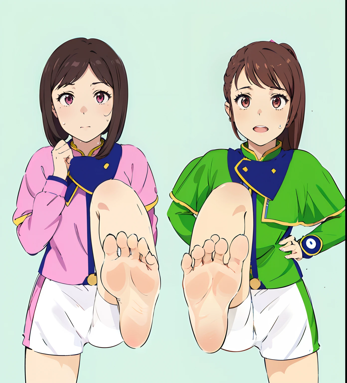 Anime girl sitting on a chair with big legs and pink shirt, giantess art, Foot Art POV, detailed foot pov, big legs, feet posing, Tifa, The art of the foot, !!Highly detailed!!, detailed legs towering over you, Ecchi anime style, high soles, Commission for high resolution、bare-legged、sole of feet、Sweaty feet, Kira May Pink, Majin Sentai Kiramager, Close-up of the soles of the feet,Exposing the soles of the feet,hayami sena, 2 girls