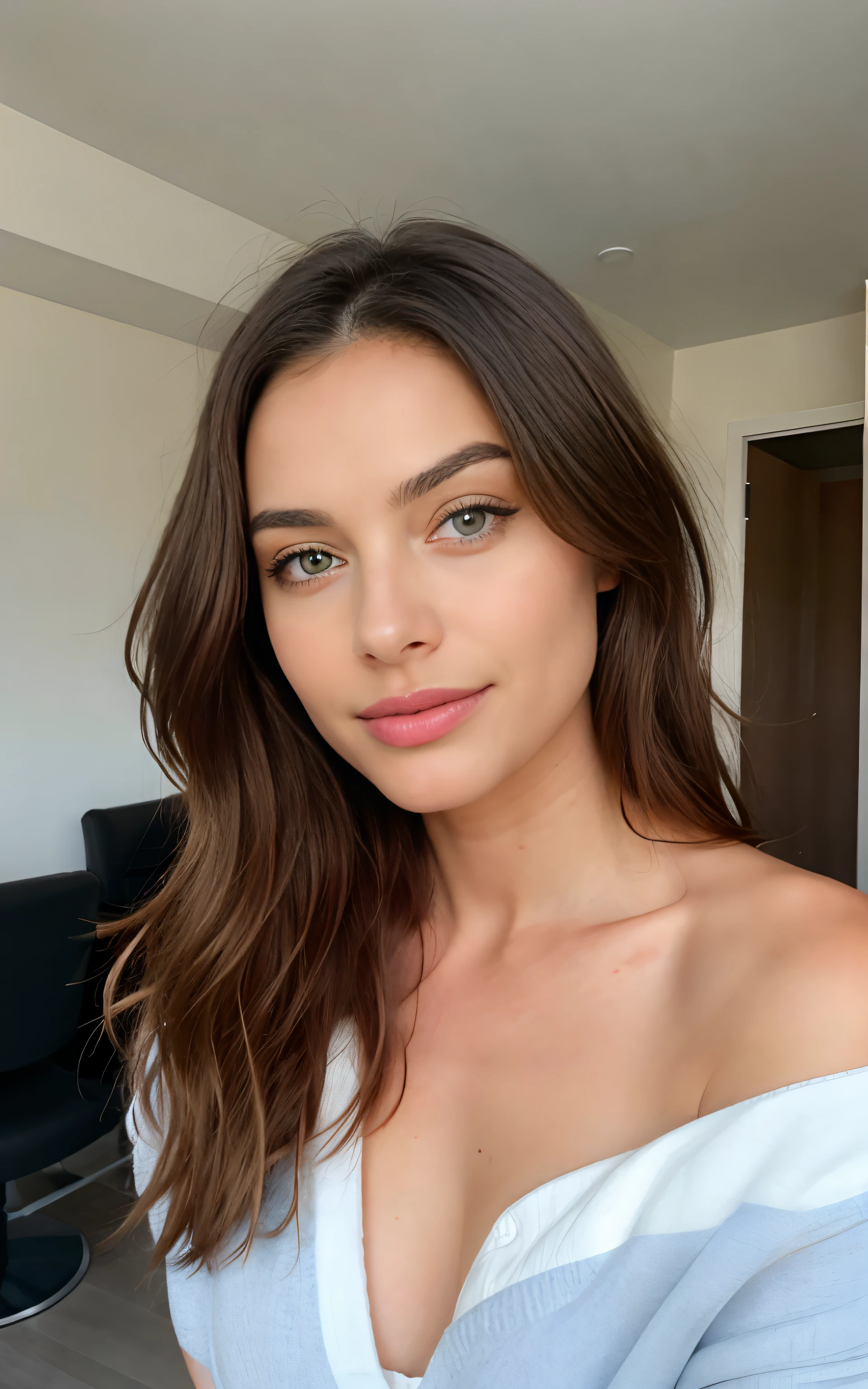 Belle brune portant un pull beige clair (Nail care in a modern beauty salon), Very detailed, 21 ans, visage innocent, natural wavy hair, yeux bleus, High resolution, Masterpiece, Best quality, Intricate details, highly detailed, mise au point nette, detailed skin, realistic skin texture, texture, detailled eyes, professionnel, 4K, sourire charmant, filmed on Canon, 85 mm, faible profondeur de champ, Couleur Kodak Vision, perfect fit body, Extremely detailed, photographier_\(ultra\), photoreallistic, Realstic, Post-traitement, Maximum details, roughness, real life, ultra realist, photorealism, photographie, 8K UHD, photographie