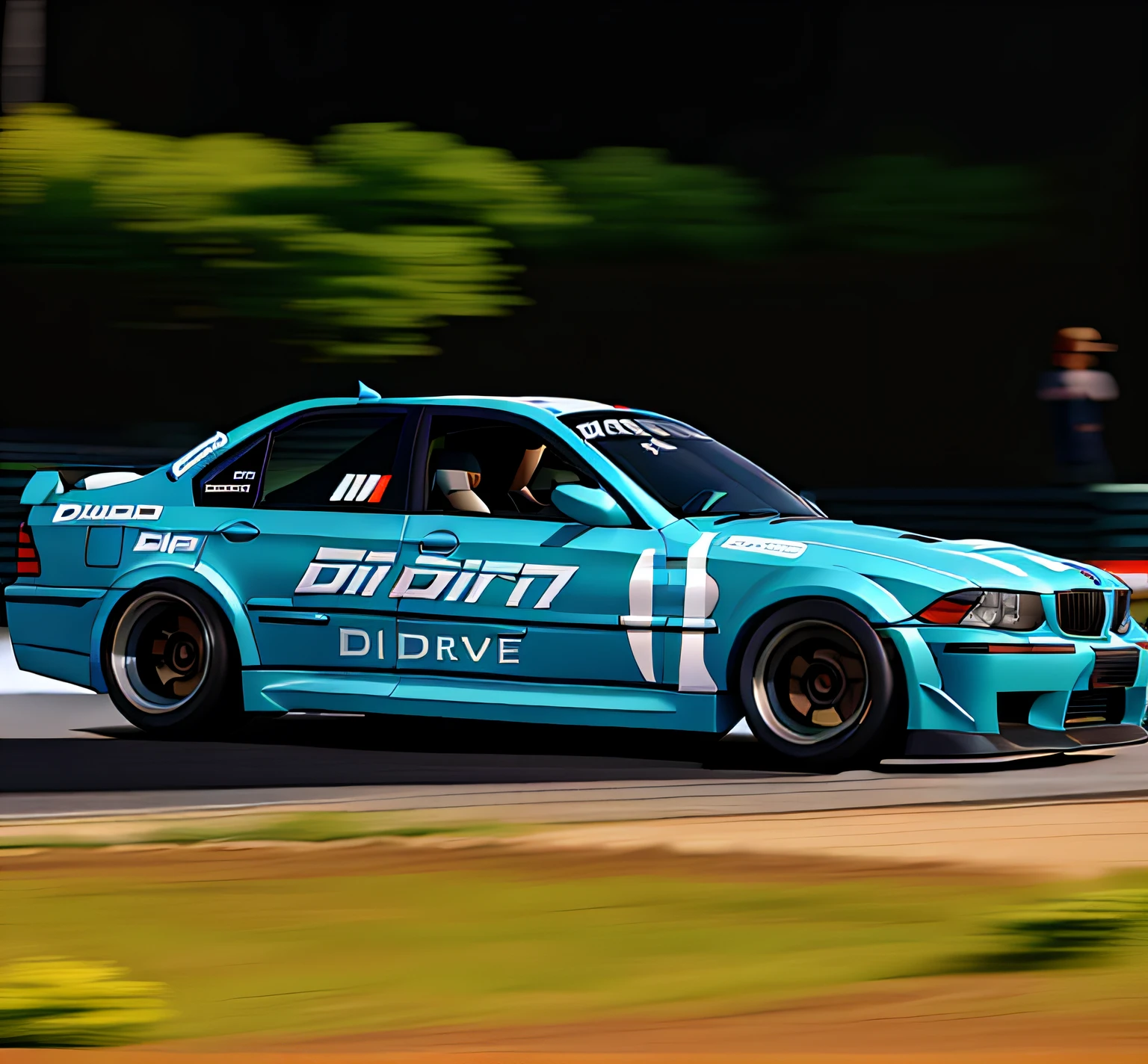Carro de drift bmw deslizando na curva, com fundo em efeito de movimento