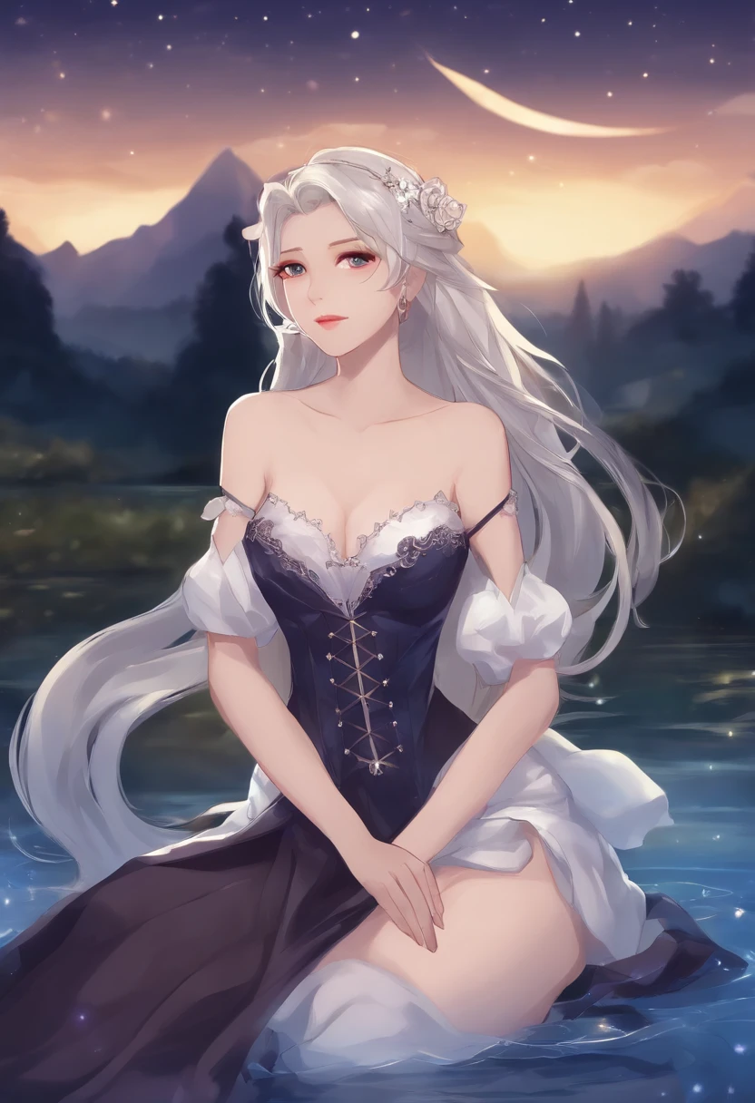 shalltear bloodfallen, Shalltearcostume, rabo-de-cavalo, ao ar livre, (Noite, Starry sky:1.2), master part, arms behind back, best quality, 1girl, corpo inteiro, boca fechada, lago, reflection, ao ar livre, papel de parede oficial