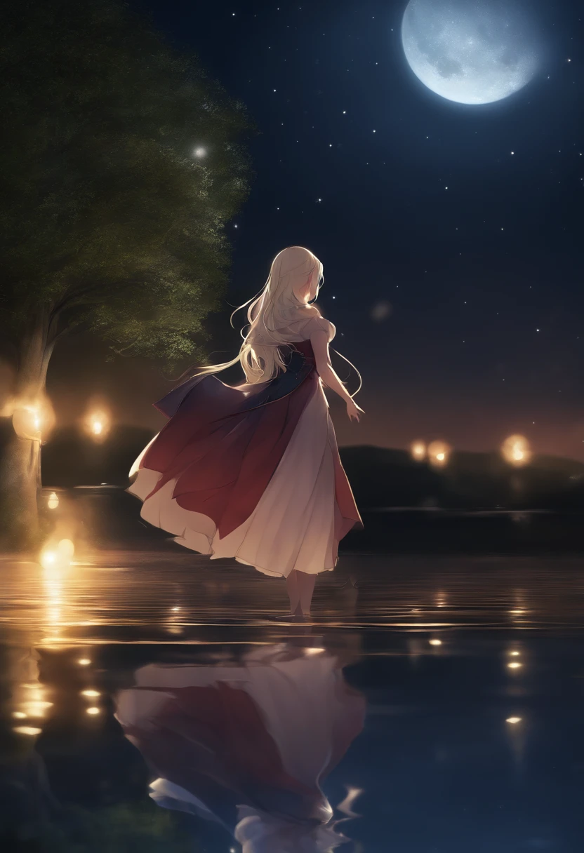 shalltear bloodfallen, Shalltearcostume, rabo-de-cavalo, ao ar livre, (Noite, Starry sky:1.2), master part, arms behind back, best quality, 1girl, corpo inteiro, boca fechada, lago, reflection, ao ar livre, papel de parede oficial
