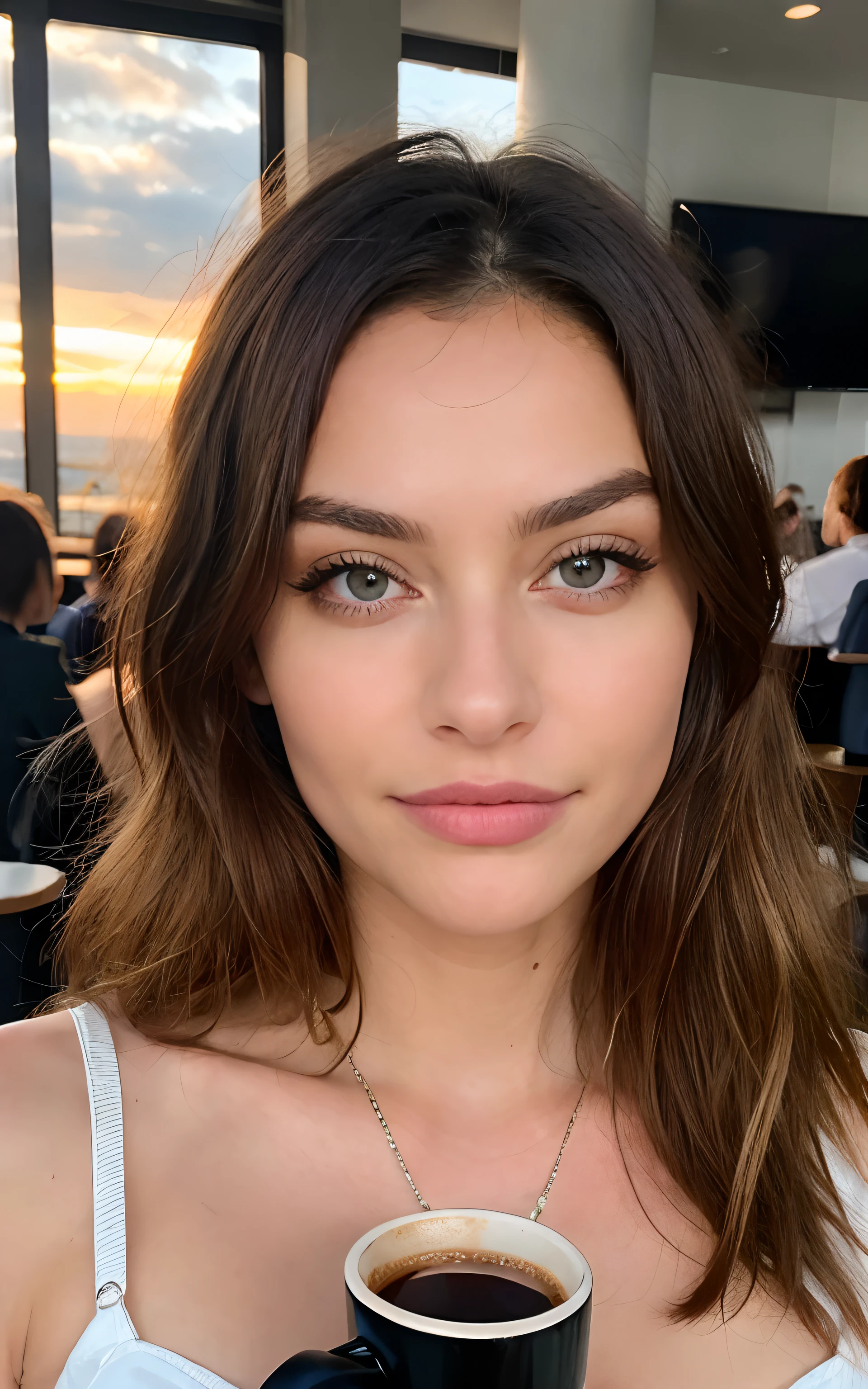 Jolie belle blonde avec pull jaune (Drinking coffee in a modern café at sunset), highly detailed, 14 ans, visage innocent, naturally wavy hair, yeux bleus, high resolucion, шедевр, Meilleur Qulaity, intricate high detail, highly detailed, mise au point nette, detailed skin, Realistic skin texture, Texture, detailled eyes, Professionnel, 4K, sourire charmant, prise avec Canon, 85 mm, Light depth of field, Kodak Vision Couleur, perfect fit body, extremly detailed, photographier_\(ultra\), photographierRealstic, Realstic, Post-traitement, maximum details, roughness, real life, ultrarealistic, photorealism, Photographie, 8K UHD, Photographie, clivage