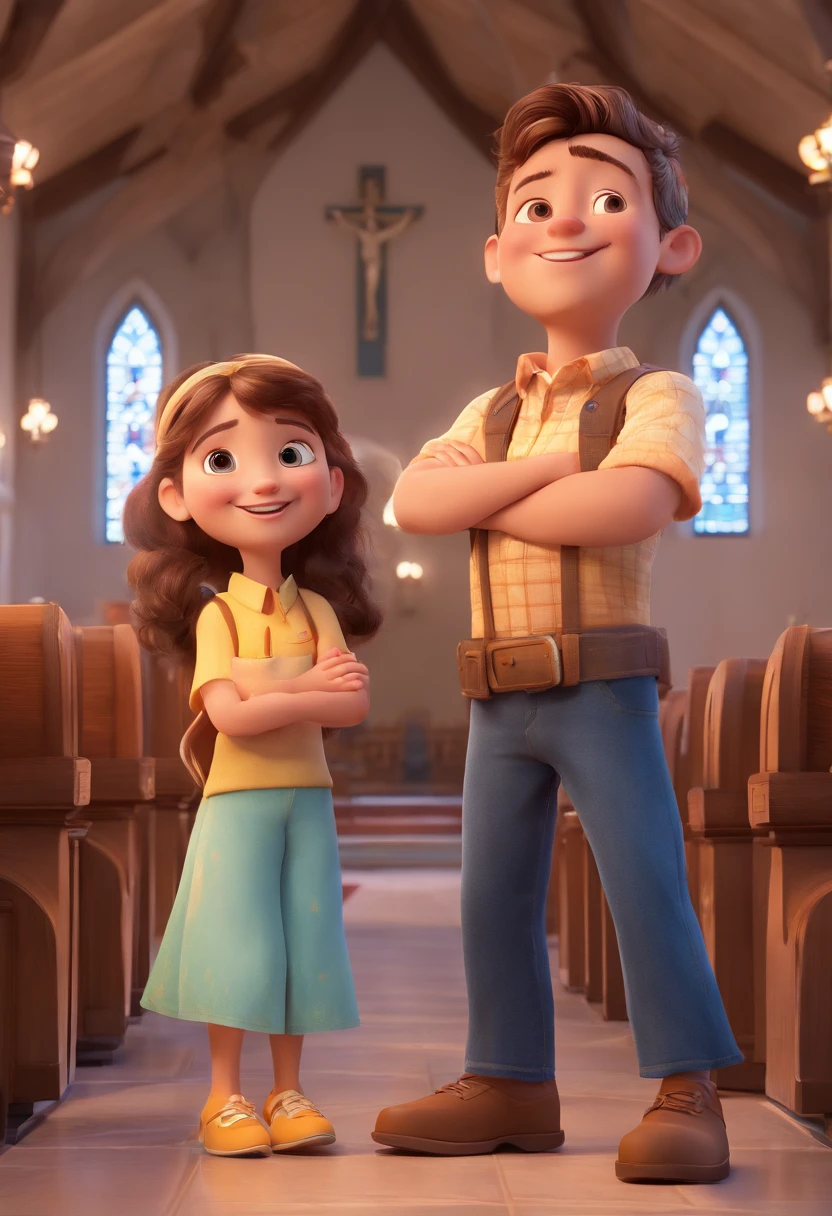 Cartoon of amigad having fun in catholic church together,  3D Animation Movie Poster, Poster de filme animado, pixar 3 d animation style, pixar renderman rendering, maia 8 mil, animated film, Disney Pixar Estilo 3D, meninas felizes sair juntos, all wearing light blue t-shirts and cream brown long pants, camiseta azul clara, cream brown pants, na igreja ,  Disney Pixar Animation Poster