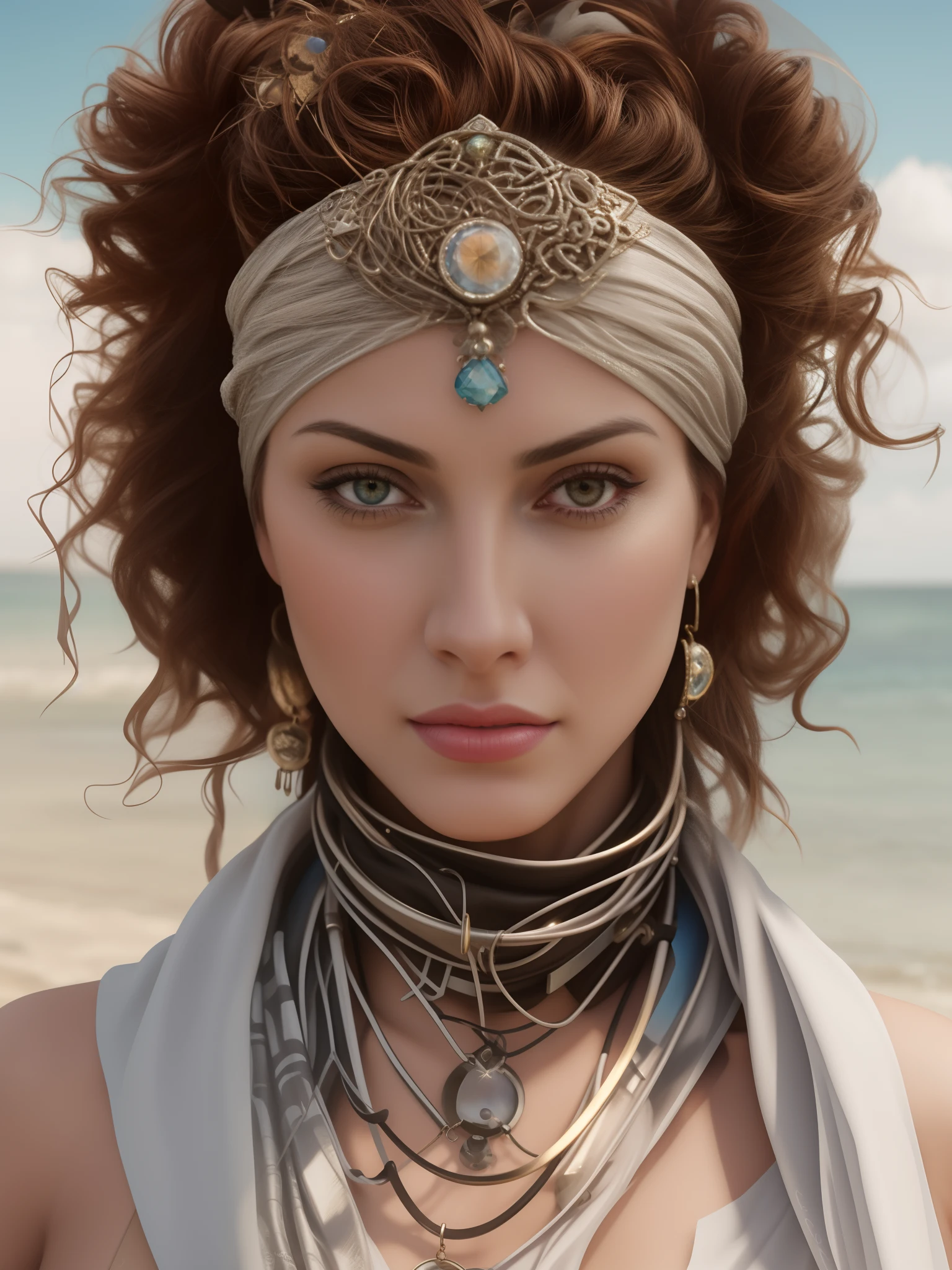 arafed woman with a head scarf and necklaces on a beach, beautiful cyborg priestess, portrait beautiful sci - fi girl, realistic fantasy render, hyperrealistic fantasy art, gorgeous woman, attractive sci - fi face, attractive androgynous humanoid, hyperdetailed fantasy character, beautiful fantasy portrait, goddess close-up portrait, highly realistic digital art, futuristic woman portrait