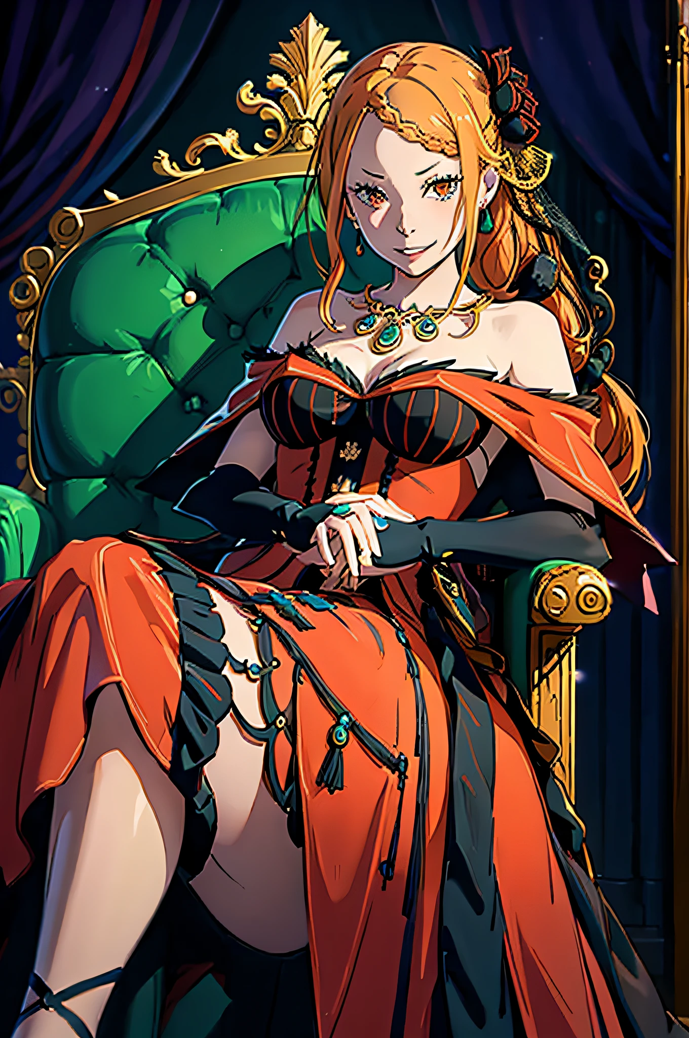 Girl, all good, ultra realistic 8k, perfect, flawless, beautiful, slim, cute, attractive, bright orange hair, long hair, seductive smile, half upper body in picture, clarity, masterpiece, extremely detailed, fifth chest size, mature looking, throne room background, wide hips, flower shaped hairpin, necklace with three emerald jewels, emerald earrings, carrying a luxury fan in right hand, hair in a braid, sitting on luxurious throne, (hands covered in cloth), (teeth visible when smiling,)