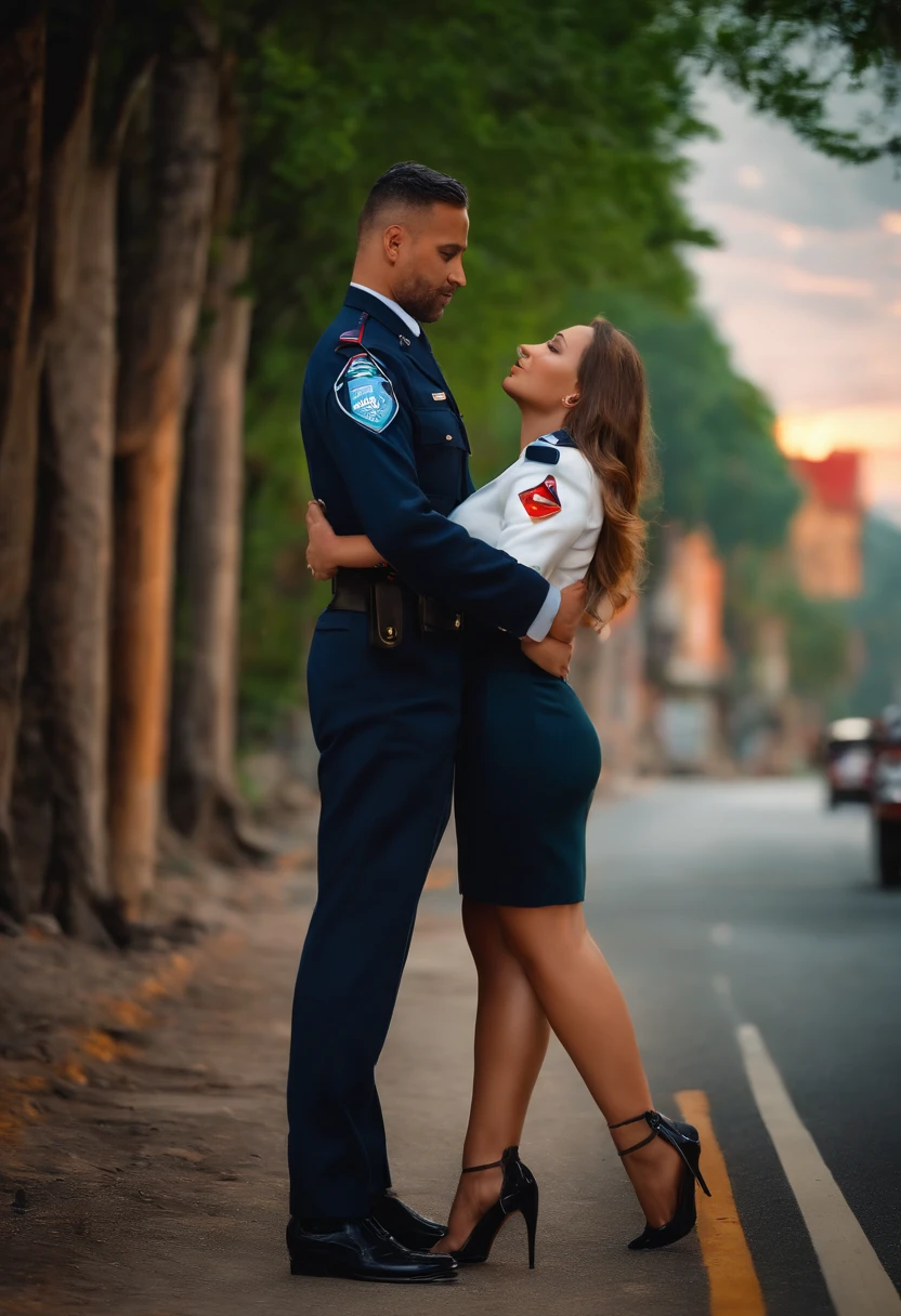 Full body image Girl in uniform, big breasts, showing nipples, being touched by a man, background road