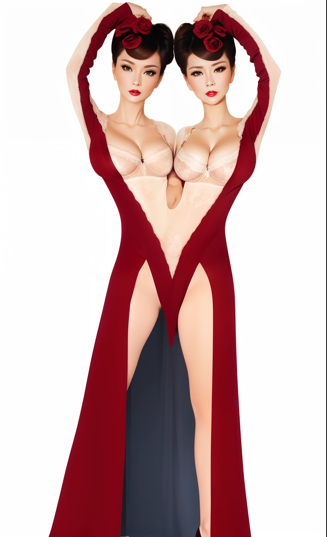 2 heads,Photo of a 50-year-old woman with brown hair, a captivating gaze, Brown eyes, Wrinkles on her face, Black pantyhose,Black High Heel Boots,She wears very sexy lingerie underwear、、Revealing her large sagging breasts, Light makeup and red lips. 32K