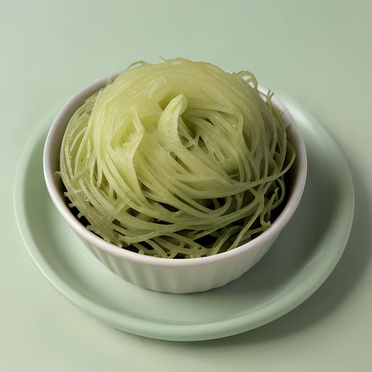Generate a high-resolution photograph-like image of a small 4-ounces container of Seaweed Salad. The image should showcase the refreshing and zesty side dish. The container should be neatly presented on a sophisticated tray with chopsticks. The background should create the atmosphere of a refined Asian eatery.