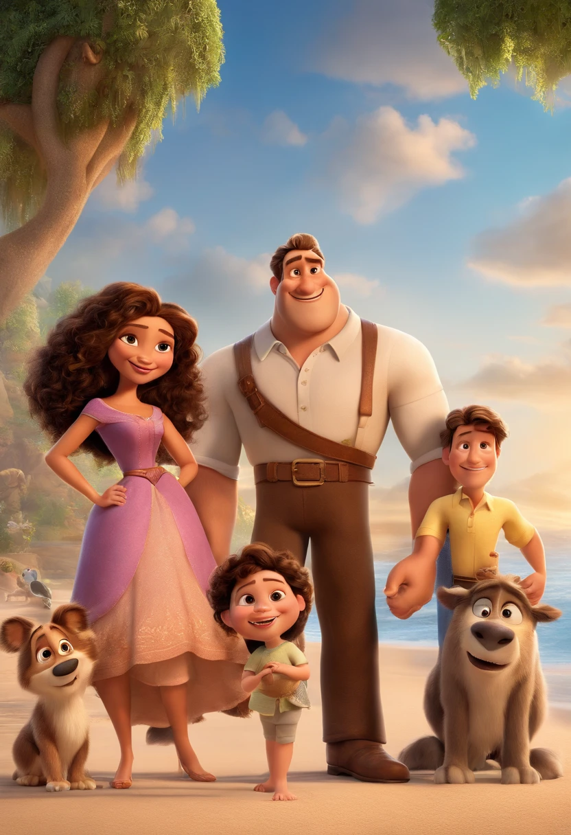 a Disney Pixar movie poster showing a white-skinned family. The father is the tallest, Tem barba curta, loiro, cabelos curtos e espinhosos. The mother has brown eyes and hair, shoulder-length and is slightly overweight. A menina tem 4 anos e cabelos castanhos, roupa rosa e rabos de cavalo. The background is a beach garden. 3D-rendering