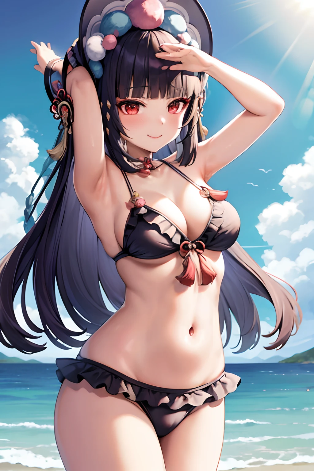masterpiece, best quality, yun jin \(genshin impact\), 1girl, swimsuit, solo, bikini, breasts, navel, long hair, red eyes, bangs, blunt bangs, cleavage, looking at viewer, sky, outdoors, day, frills, ocean, smile, braid, black hair, cloud, medium breasts, blue sky, black bikini, beach, stomach, frilled bikini, twin braids, standing, collarbone, multicolored hair, cowboy shot, groin, tassel, bare shoulders, bonnet, bare arms, armpits, hair ornament, blush, sidelocks, horizon, eyeshadow, thighs, front-tie top, closed mouth, water, hat