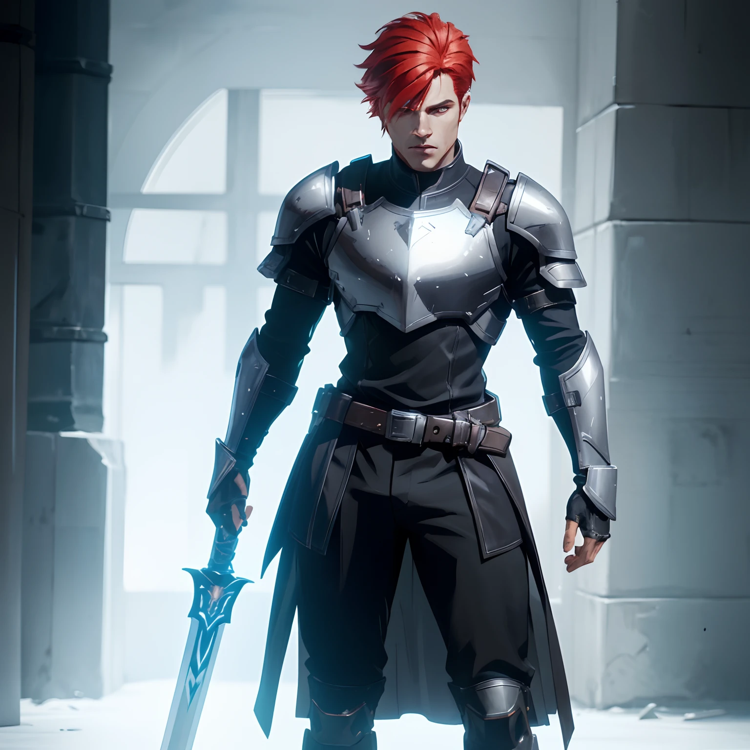 there is a man in armor holding a sword in a room, redhead templar, attractive male with armor, portrait of male paladin, male paladin, a human male paladin, picture of male paladin, full portrait of magical knight, attractive beefy male with armor, wearing techwear and armor, aredhead man in a silver suit of armor, with orange brown hair, sleek armor, leather clothes under the armor, leather scifi armor, black shirt underneath armor, flowing robes and leather armor, sleek silver armor, slick leather armor, wearing sleek armor, wearing leather assassin armor, very stylish fantasy armor, human male, paladin warrior,short red hair, in minimalist armor, black and ice silver color armor, full body concept, full body art, detailed full body concept art, new costume design, full body, with a light leather armor, full body art, detailed full body concept, pale blue armor, minimal shoulder armor, small shoulders, single person, one body,