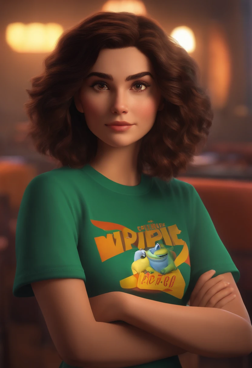 filme Marketing 2023 estilo filmes Pixar, Com nome "N - Marketing", poster, With short, lighter brunette hair and a black t-shirt in front of her crossed arms.