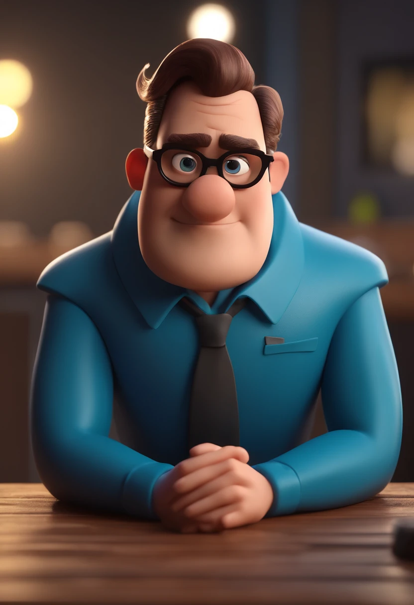 Cartoon character of a man with black glasses and a blue shirt, animation character, Caractere estilizado, animation style rendering, 3D estilizado, Arnold Maya render, 3 d render stylized, toon render keyshot, Personagem 3D, Personagem 3D, 3d rendering stylized, 3 d character render, personagem de desenho animado, Personagem de close up, Pose de personagem,  (Estilo Pixar) (master part:1.2) (Bokeh) (best quality) (pele detalhada) (textura detalhada) (8k) (argila) (Cinematic lighting) (foco nítido