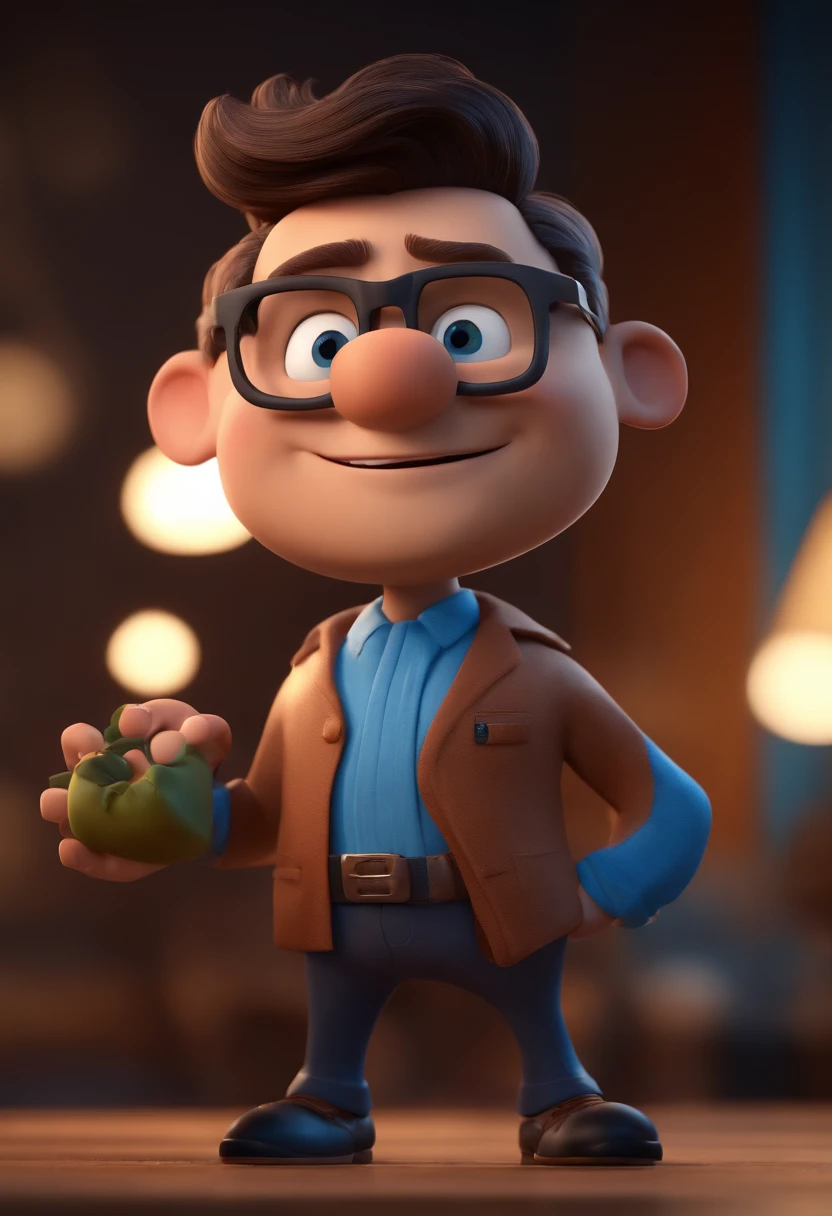 Cartoon character of a man with black glasses and a blue shirt, animation character, Caractere estilizado, animation style rendering, 3D estilizado, Arnold Maya render, 3 d render stylized, toon render keyshot, Personagem 3D, Personagem 3D, 3d rendering stylized, 3 d character render, personagem de desenho animado, Personagem de close up, Pose de personagem,  (Estilo Pixar) (master part:1.2) (Bokeh) (best quality) (pele detalhada) (textura detalhada) (8k) (argila) (Cinematic lighting) (foco nítido