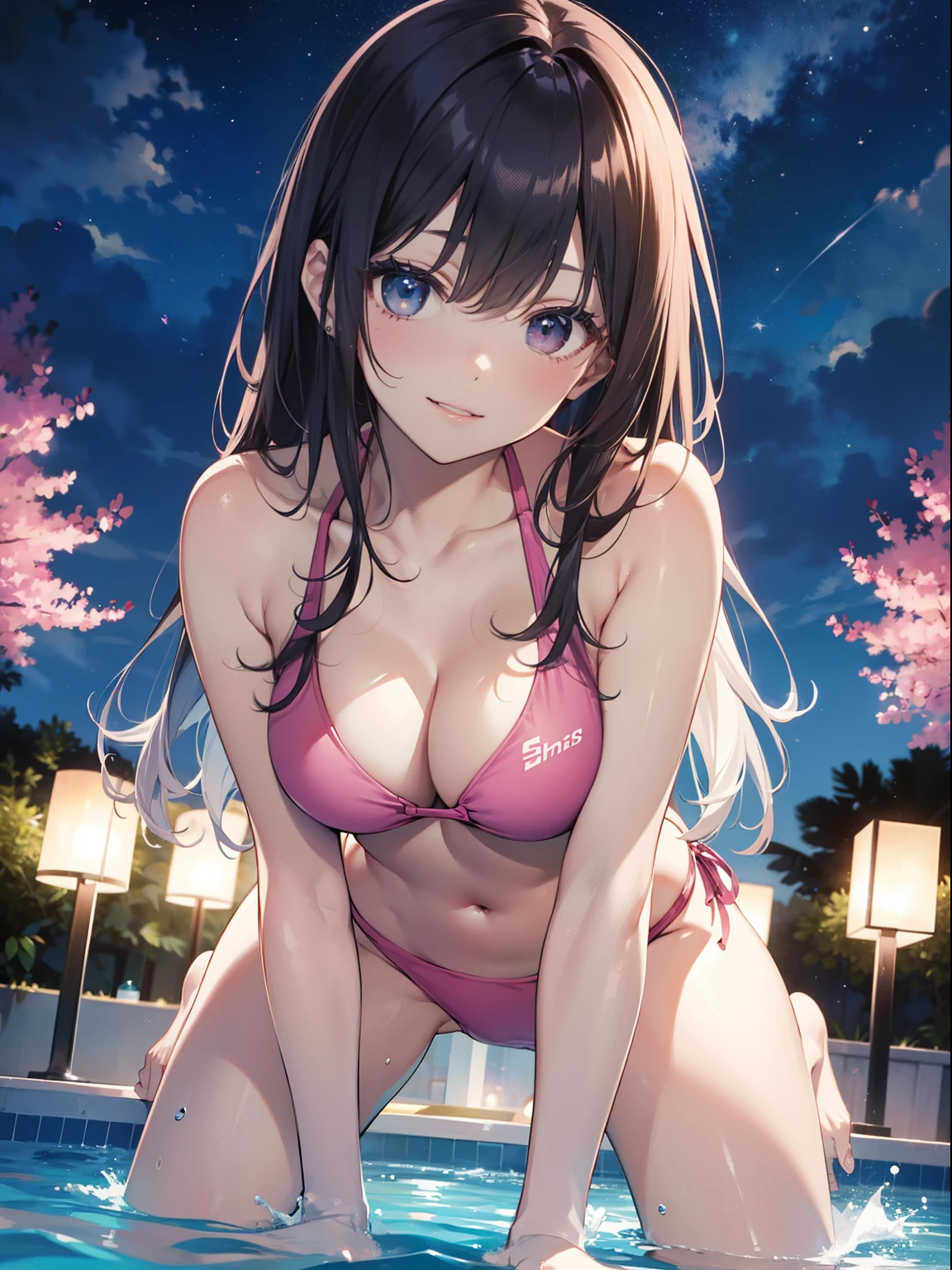 The ultra -The high-definition、high-level image quality、top-quality、Full feet and hands、complete fingers、Beautuful Women、1 persons、ssmile、Pink swimsuit、sprawl、all-fours、Night Pool