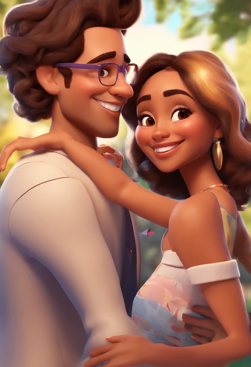 An illustration of an adorable couple, Highlight for a chubby mulatto man with glasses smiling and a golden black woman with beautiful expressive eyes - the man's skin is mulatto and the hair is low on the sides and high bristling on top of the man has, while the woman's skin is black and the woman's hair is curly with small blonde streaks amidst the dark brown. They are a bright room, cada um com um sorriso no rosto, e compartilhar um momento especial caracterizado pelo amor, Insights. Illustrate this scene from a perspective where they are facing the camera, Smiling and Showing Your Connection. Desenvolva esta arte em Full HD, Focus on your cinematic touch, Estilo Disney Pixar Animations