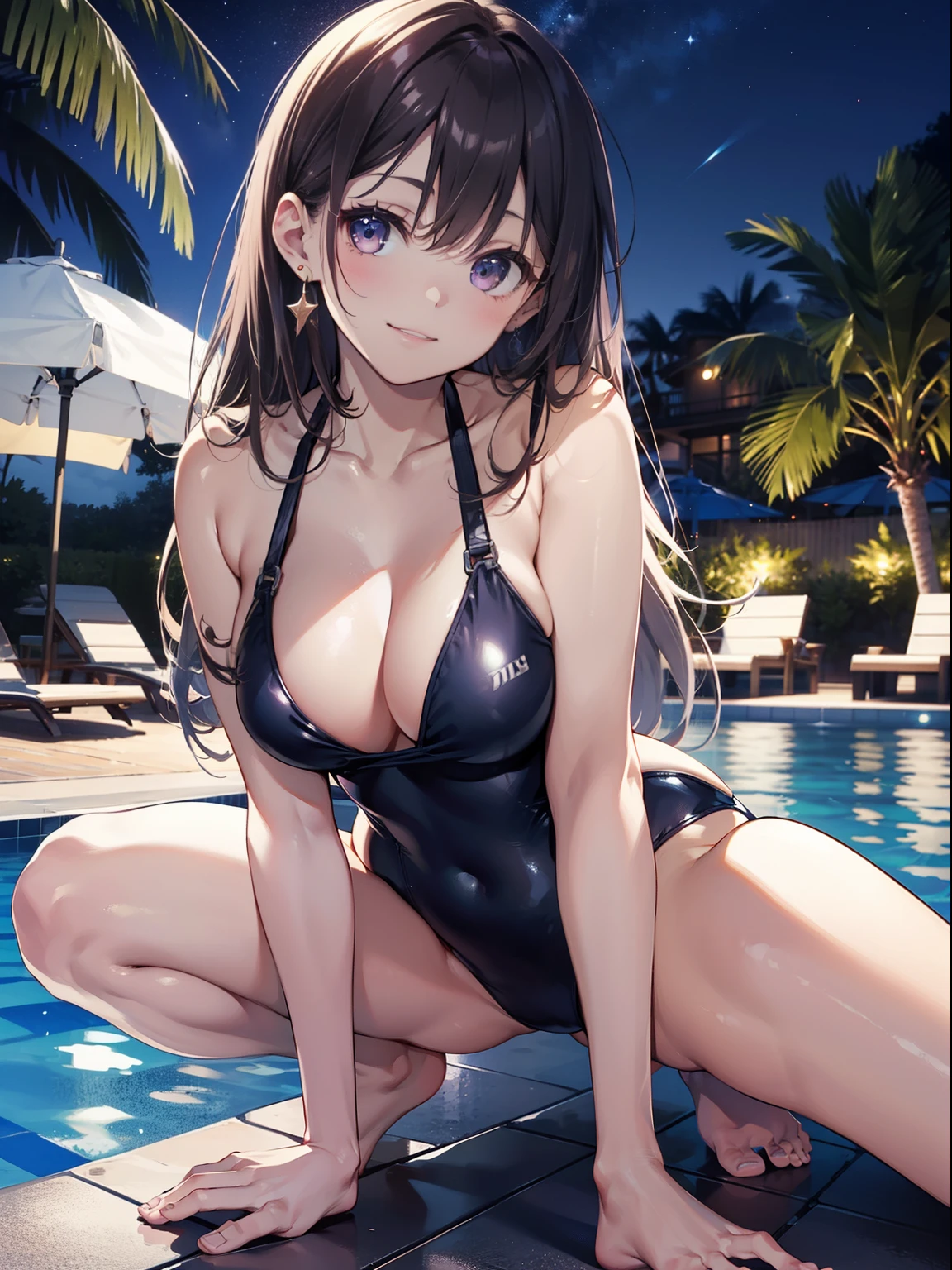 The ultra -The high-definition、high-level image quality、top-quality、Full feet and hands、complete fingers、Beautuful Women、1 persons、ssmile、Pink swimsuit、sprawl、all-fours、Night Pool