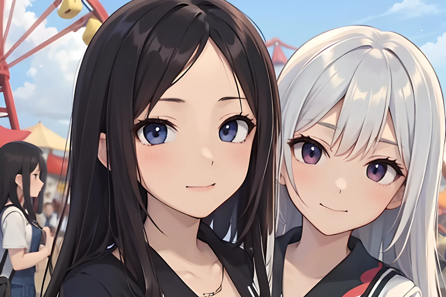 Anime style, 3 girls, 3 people, Amusement Park Background, in the amusement park, upper-body, looking at the camera, Take a photo, taking selfies, Normal attire, casual wear. black hair. Vermilion hair. white colored hair, extreme close up portrait、Healthy Face