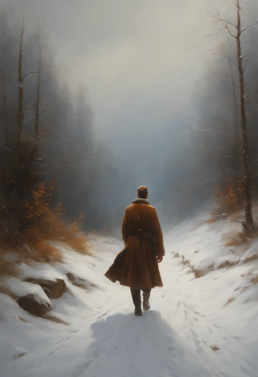 (oil painting, master part, best quality, ultra detalhado, focus on character), cabelos loiros curtos, ([back:0.8]|[ Face facing backwards:1.1]), serious face, ([Cold scenario:1.2]|[ fundo nevado:1.3]| [alto contraste:1.1])