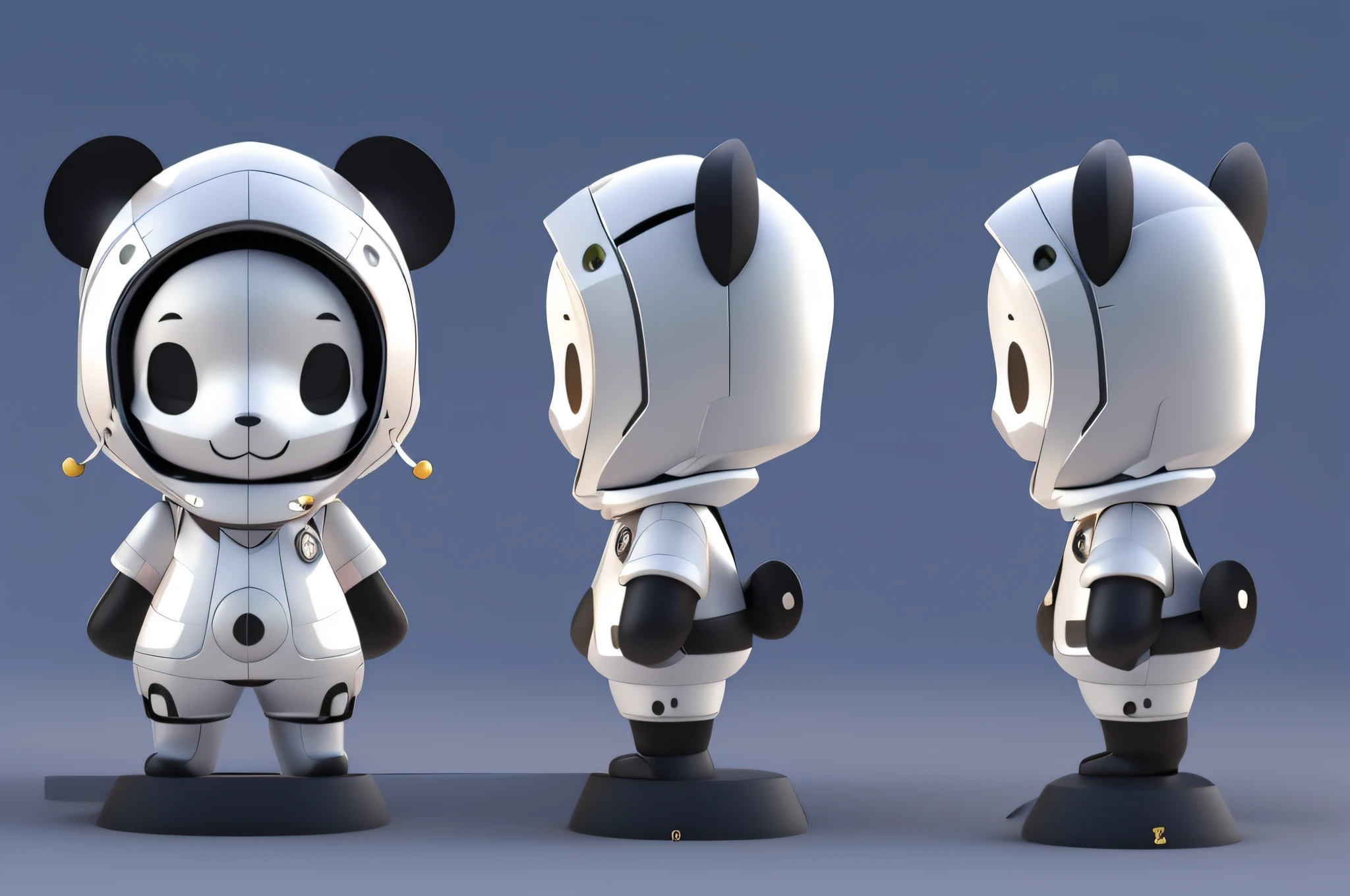 Three different views of a robot wearing a helmet and a suit, a panda in space, high quality character design, Herren. nimbus character design, cute 3 d render, very stylized character design, Stylized character design, 3D model of a Japanese mascot, toon render keyshot, rendered in keyshot, stylized as a 3d render