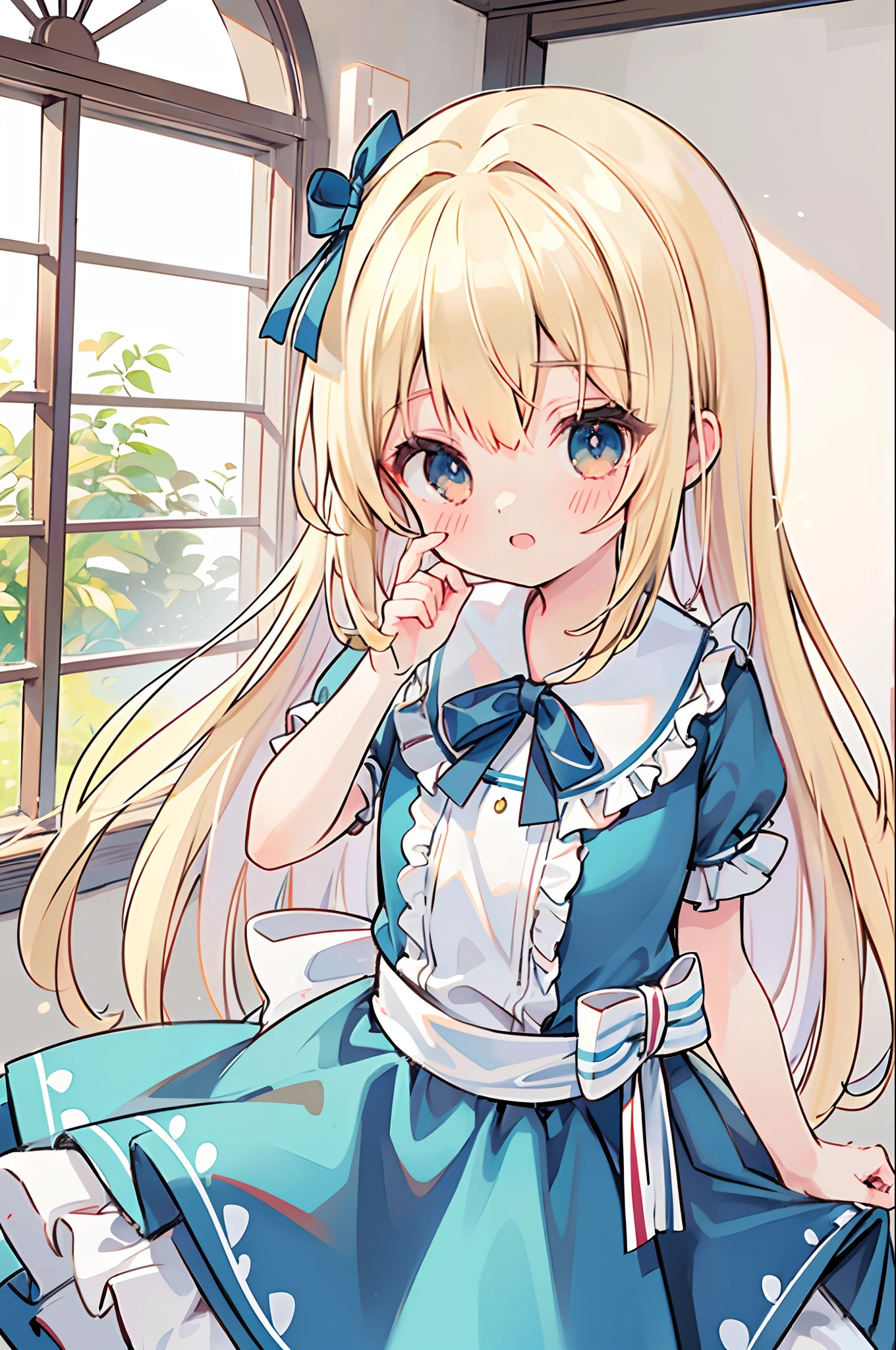 best quality, 4K, nsfw, close up, (alice in wonderland), long hair, two side up, lemon yellow hair, red hair ribbon, cat ears, ((light blue apron dress)), sailor collar, short sleeves, short skirt, (blush), outdoors, [big breasts], hands between legs, pee, peeing self