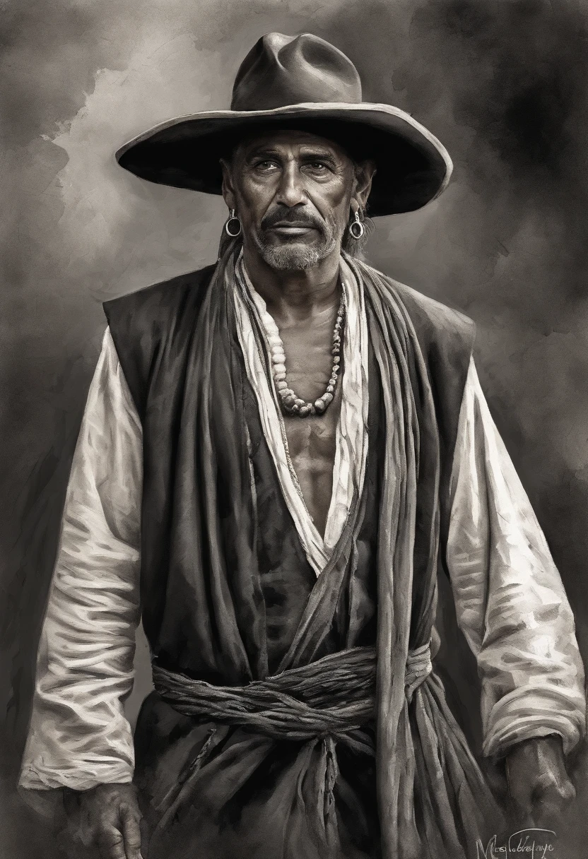 arte em preto e branco, A gypsy man in typical black pirate robes without a hat, belas paisagens, grande profundidade de campo, Arte Digital, obra prima, Qualidade UHD". RPG, monocromatic