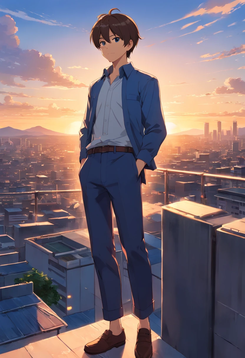 Japanese anime man with very short hairstyle, short hair, a little beard on his chin, 40 years old, full body, wearing a dark blue set-up, white shirt, rooftop of a building with sunset view