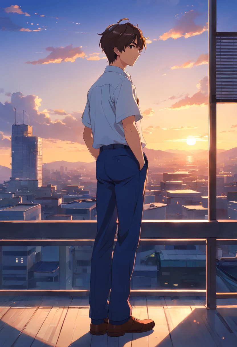 Japanese anime man with very short hairstyle, short hair, a little beard on his chin, 40 years old, full body, wearing a dark blue set-up, white shirt, rooftop of a building with sunset view