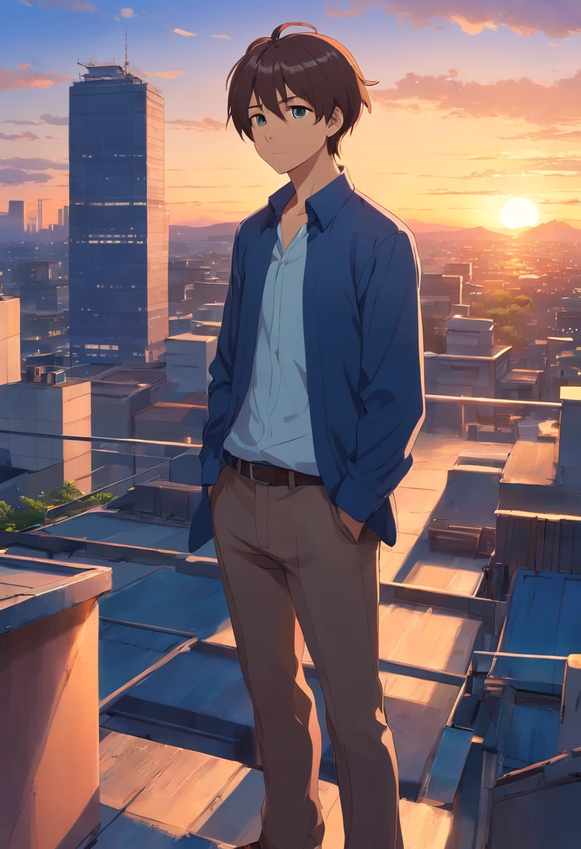 Japanese anime man with very short hairstyle, short hair, a little beard on his chin, 40 years old, full body, wearing a dark blue set-up, white shirt, rooftop of a building with sunset view