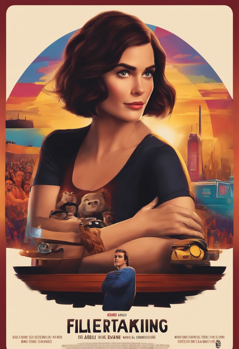 filme Marketing 2023 estilo filmes Pixar, Com nome "N - Marketing", poster, com curta, lighter brunette hair and a black t-shirt in front of crossed arms. Homem
