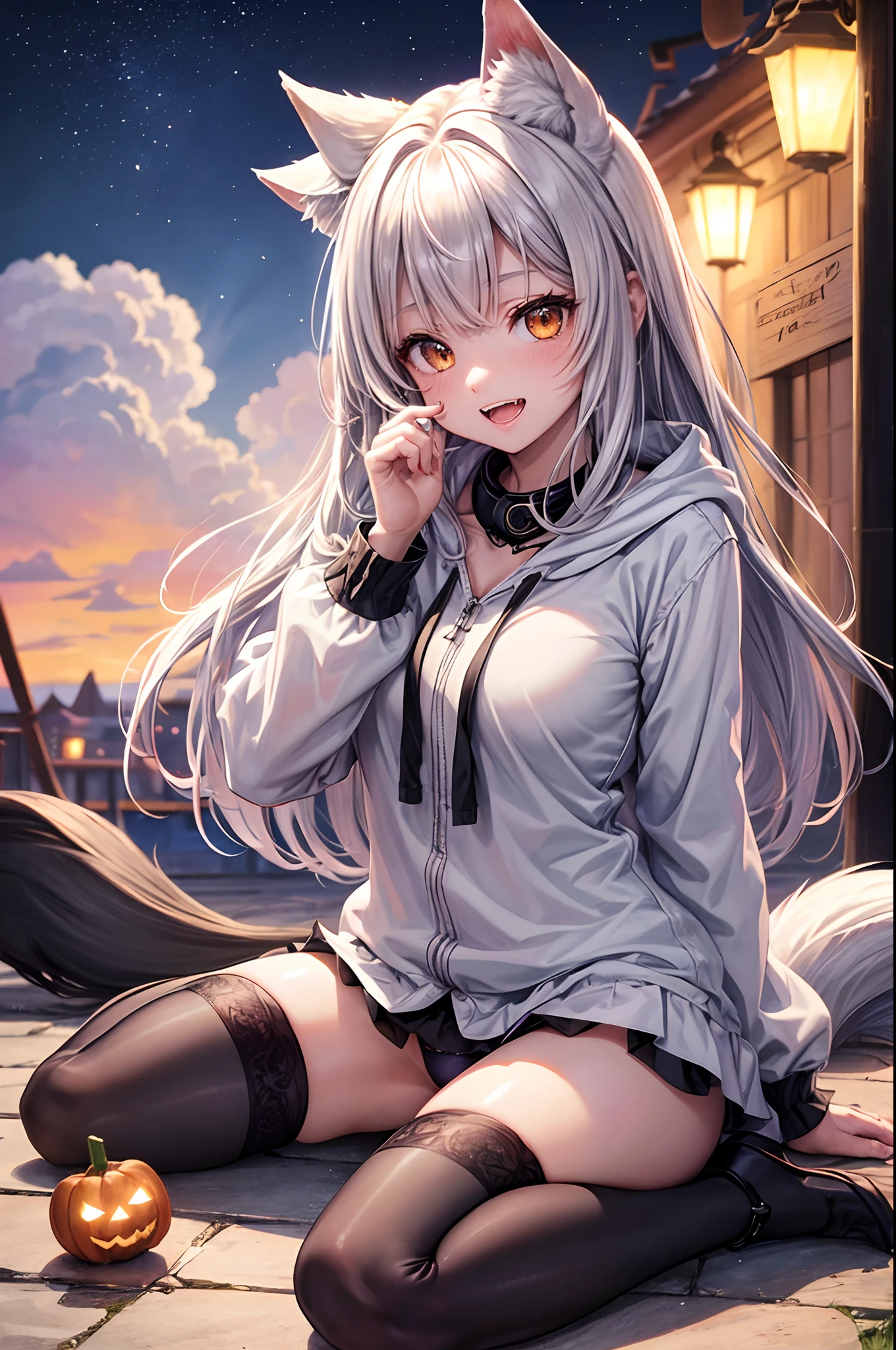 (top-quality、in 8K、32K、masterpiece、nffsw、超A high resolution、Impresionismo、Photorealsitic:1.2)、Colossal tits、cowboy shot、Fox Pose、 detailed faces and eyes、 nightcity、Dim Street Lights、A jack-o'-lantern is placed on the road、Halloween Costumes、beauitful face、blurry backround、-yeld beiful girl、shinny skin、long、Wolf ears、Wolf's tail、Long clawed fingers、Silvery beautiful hair、Blunt bangs、The eyes are yellow eyes、(Katyusha:1.2)、Long wolf hand、Hooded pink hoodie、Mini skirt、Collar with black laces、Curve、Stand on one knee、(Panties are visible:1.2)、A smile with open mouth and fangs bared、Triangular sitting、Opening legs