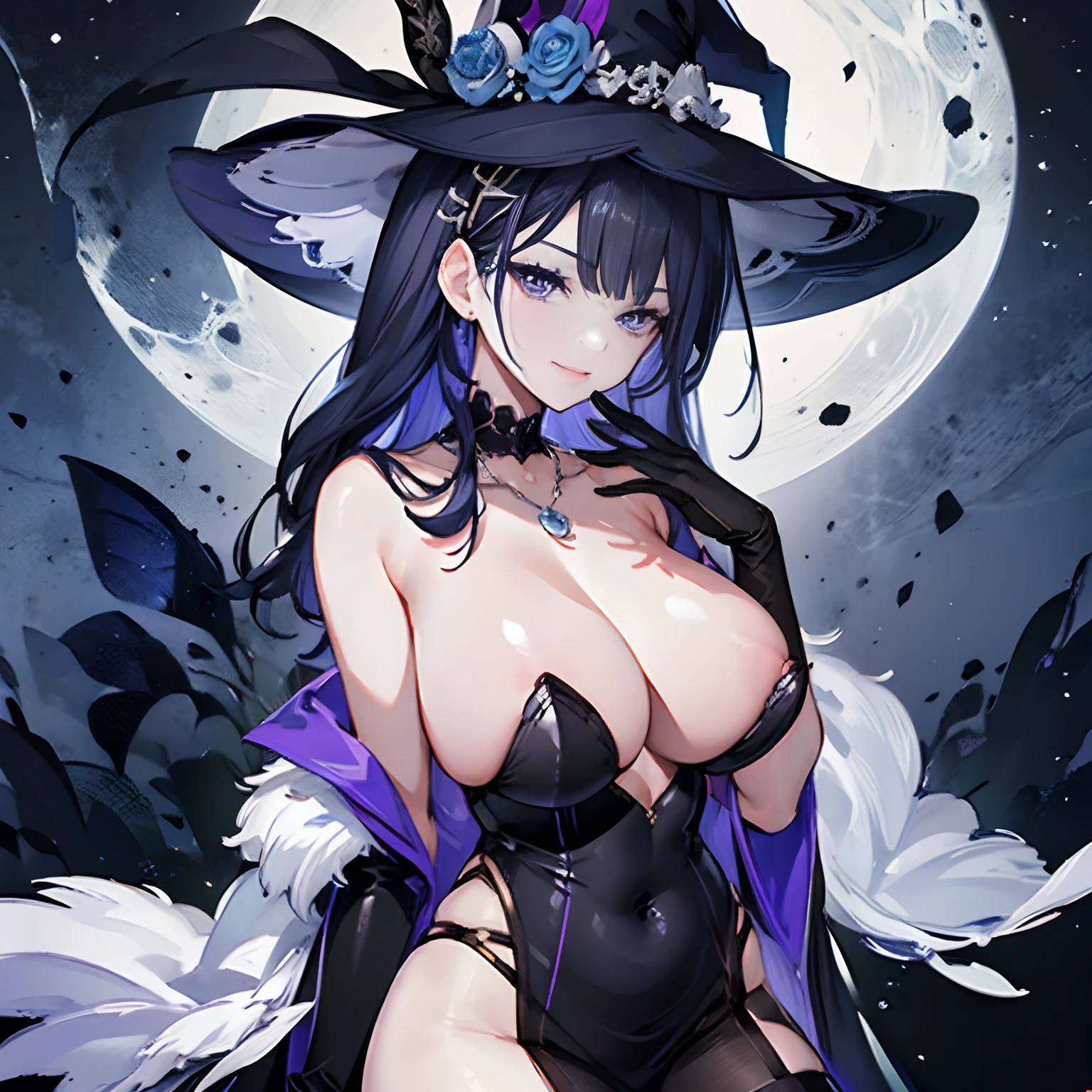 1 girl, solo, witch, mature woman, huge breasts, wide V-neck, bodytight top, milf, elegant hat, purple robe, black hand gloves, hand to mouth, purple eyes, violet hair, long hair, let down hair, necklace with purple gemstone, checked black stockings, sadistic aura, smirk, black feather hair accessory