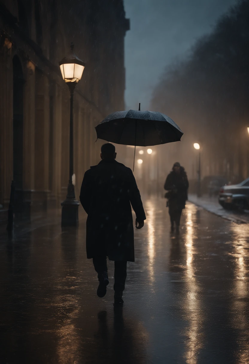 (best quality,4k,8k,highres,masterpiece:1.2),ultra-detailed,realistic,photorealistic:1.37,man in black clothes,man in black clothes walking,raytraced,rainy day,depressing,forest,streetlamp-lit background, two men, Ally night city, heavy rainfall,volumetric lighting