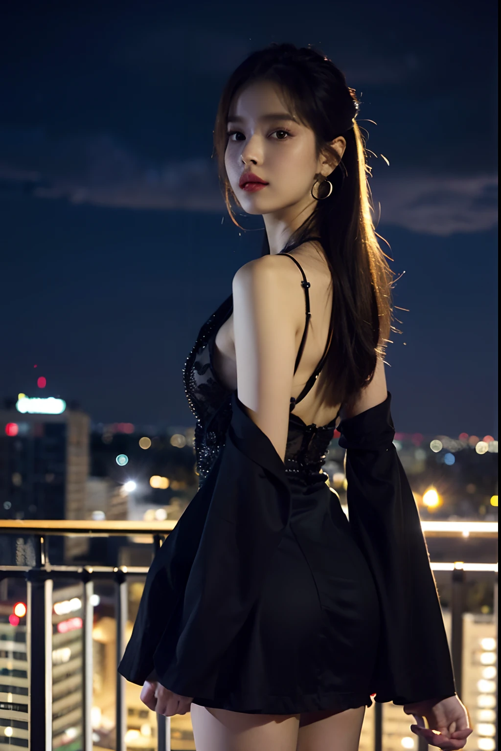sexy police uniform, small breast, sexy pose, model pose, earring, sydney opera house, windy, hair flying, night, extremely detailed eyes, extremely detailed face, best quality, extremely detailed, one person, one girl, ultra-detailed, (realistic, photo-realistic:1.3)