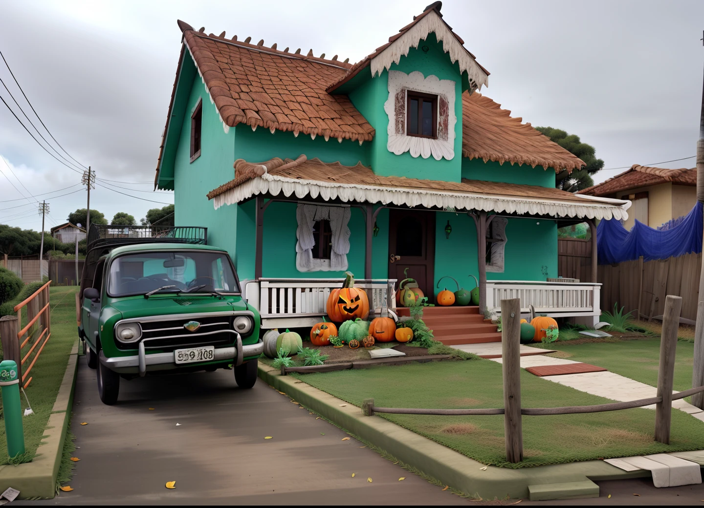Uma casa verde antiga decorada para o halloween
