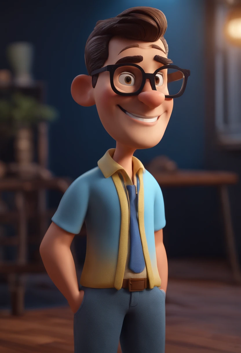 Cartoon character of a man with black glasses and a blue shirt, animation character, Caractere estilizado, animation style rendering, 3D estilizado, Arnold Maya render, 3 d render stylized, toon render keyshot, Personagem 3D, Personagem 3D, 3d rendering stylized, 3 d character render, personagem de desenho animado, Personagem de close up, Pose de personagem, (Estilo Pixar) (master part:1.2) (Bokeh) (best quality) (pele detalhada) (textura detalhada) (8k) (argila) (Cinematic lighting) (foco nítido