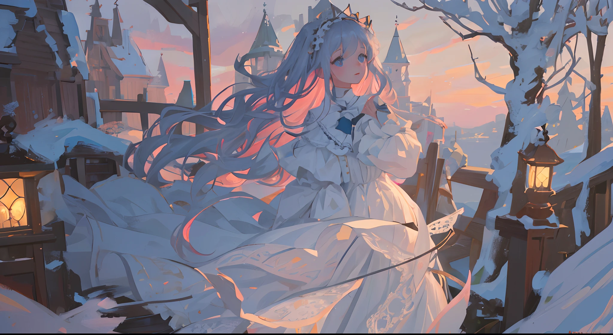 (1girll:1.2), Slight blush, Wavy hair, Fluffy hair, cloaks, Lace trim, Lace, frilld, ta, elegant, bodice, Light smile, Peaceful, Colorful, (winter:0.8), Snow, Nature, Princess, royal, Extremely detailed, Beautiful background, White, Depth of field, Cinematic lighting, Ghibli-like colors, High detail, scenery, horizon, Wind, wind blown, view the viewer, Lolilothes, 8K, Bokeh, Award-Awarded, (Masterpiece:1.3), Best quality, Anatomically correct, Perfect hands