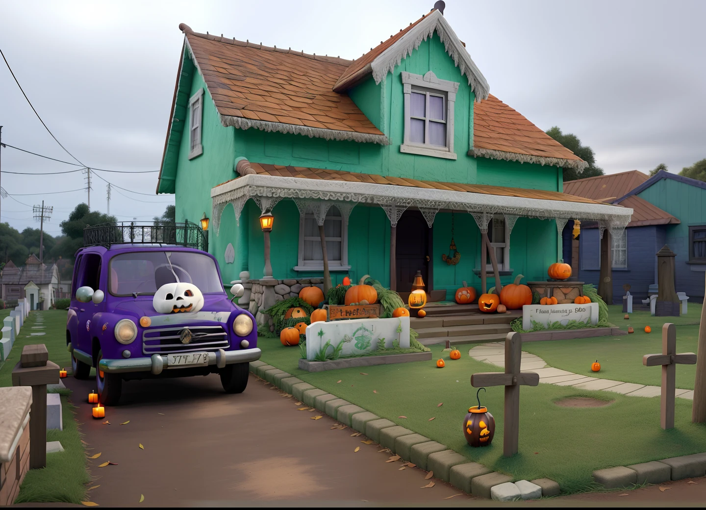 An old green house decorated for halloween The house is adorned with a variety of spooky and festive elements. Na entrada, There is a garland of artificial cobwebs and illuminated pumpkins that welcome visitors. The windows are festooned with bat stickers, fantasmas e esqueletos que parecem espreitar.
No quintal, There's a fake cemetery with cardboard headstones and bones strewn across the lawn. Pumpkin lanterns light the way up to the front door, while a nearby tree is draped with orange and purple colored lights, criando um ambiente sombrio.
Dentro da casa, The Decoration Continues. A large stuffed spider hanging from the ceiling appears to be ready to pounce, e teias de aranha falsas cobrem cantos e prateleiras. Black and orange candles are lit, emitting a faint and mysterious light.
A sala de estar apresenta almofadas com estampas de bruxas, Pumpkins and black cats, enquanto uma tigela de doces de Halloween aguarda os convidados. A television shows classic horror movies to add a spooky touch to the atmosphere.
No geral, the house is filled with spooky and fun elements to create the perfect Halloween mood.