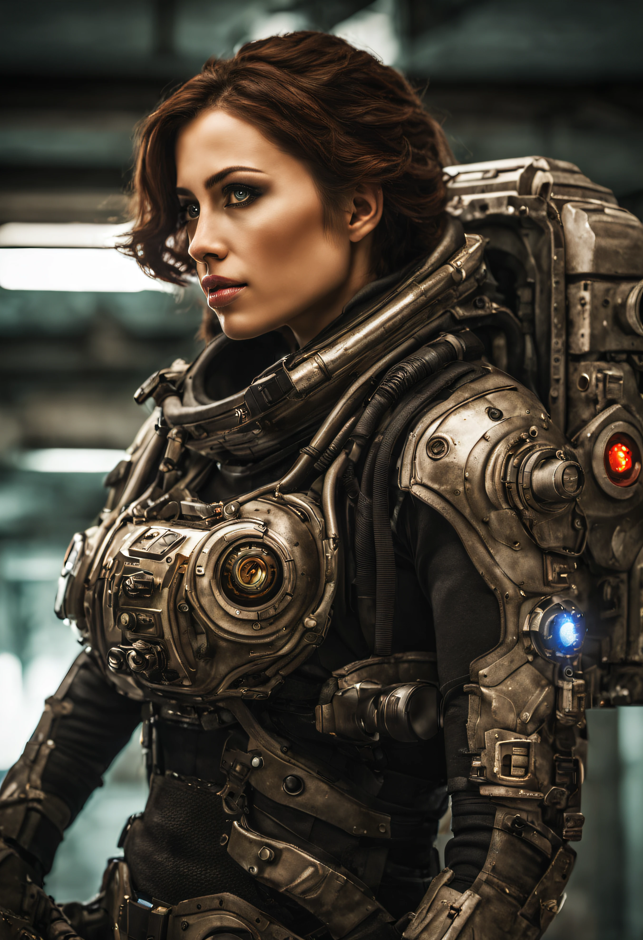 mujer alienigena extraterrestre, considerada como una de las razas mas bellas de la galaxia, con una cara, ojos y labios sensuales, vestida con uniforme sexy de gears of war, ((se encuentra en centro de control de estacion espacial)). hiperrealista, imagen nitida, 8k. imagen cinematografica. (intrincados detalles de la maquina)