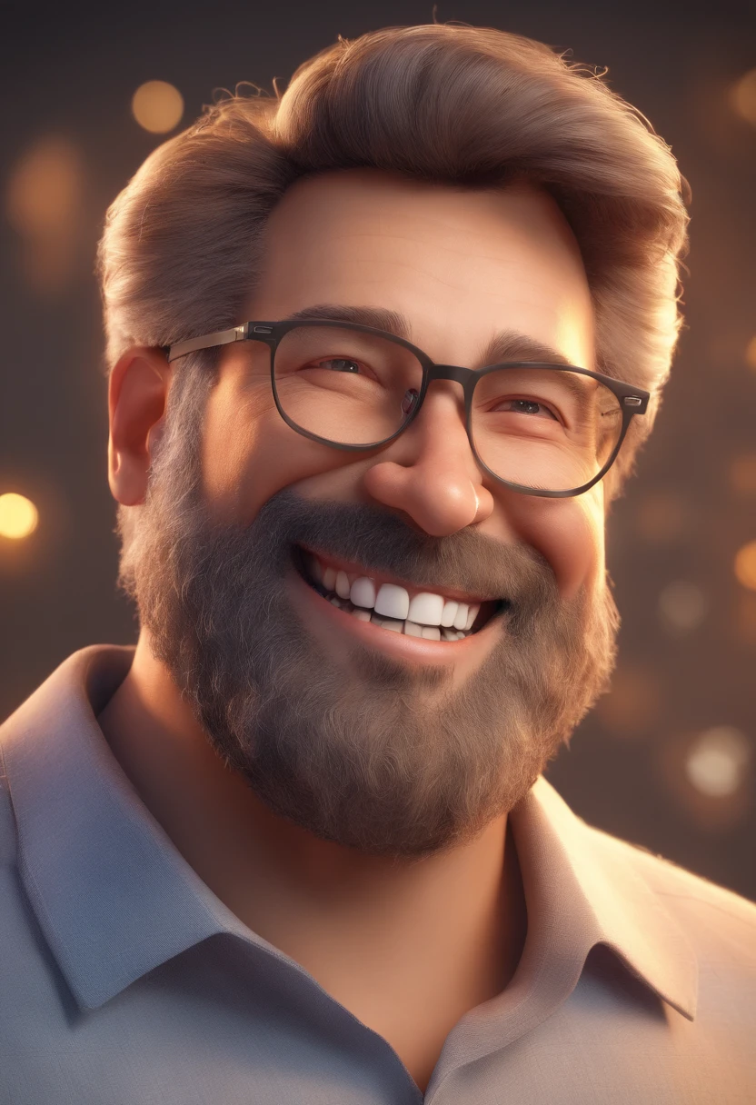 Smiling Man Illustration, sorriso insano, Homem de pele marrom com um sorriso gigante, happily smiling at the camera, sorriso atrevido, grey beard, thinning hair, thick glasses, he's smiling, sorriso muito grande, Macho sorridente, foto de perfil headshot, rindo sorriso enorme, desenhando no estilo de Arte 3D, c4d, fundo de cor branco puro, estilo disney, estilo pixar render ilustracao Super Detalhe, 8k