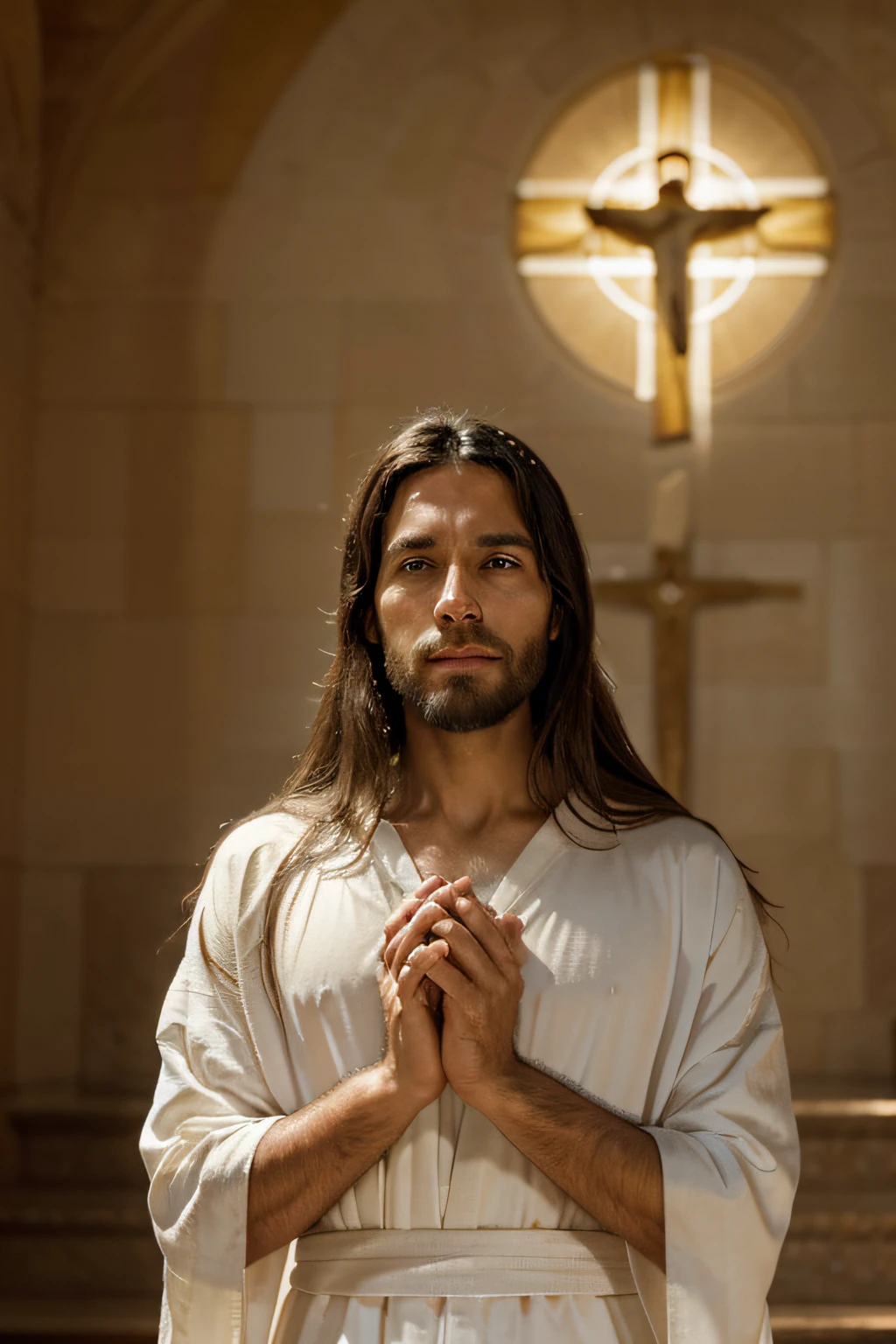 Por favor, create an image that depicts Jesus Christ in a blessing pose, with hands outstretched in front, emitting a sense of peace and divinity. Your appearance should reflect the classic depiction of Jesus, com cabelos longos e barba, Gentle eyes and serene expression. He must be dressed in a white robe and a cloak, radiating an aura of love and compassion. The scene around Jesus can be a heavenly setting or an environment that evokes a feeling of spirituality. Por favor, Create an Image That Inspires Faith, hope and devotion