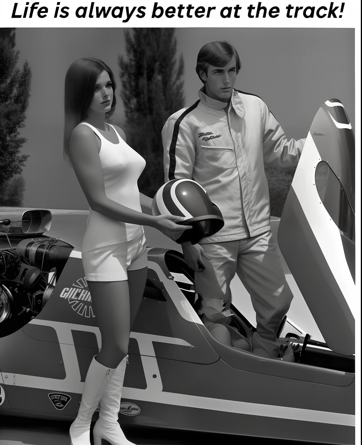 there is a woman standing next to a man in a racing car, greg hildebrant, late 1 9 6 0's, 7 0 s photo, 70s photo, sixties, photography of bill brauer, graphic”, by Greg Spalenka, boris vallejo and julie bell, by Stan Galli, style of james gurney, by John Broadley