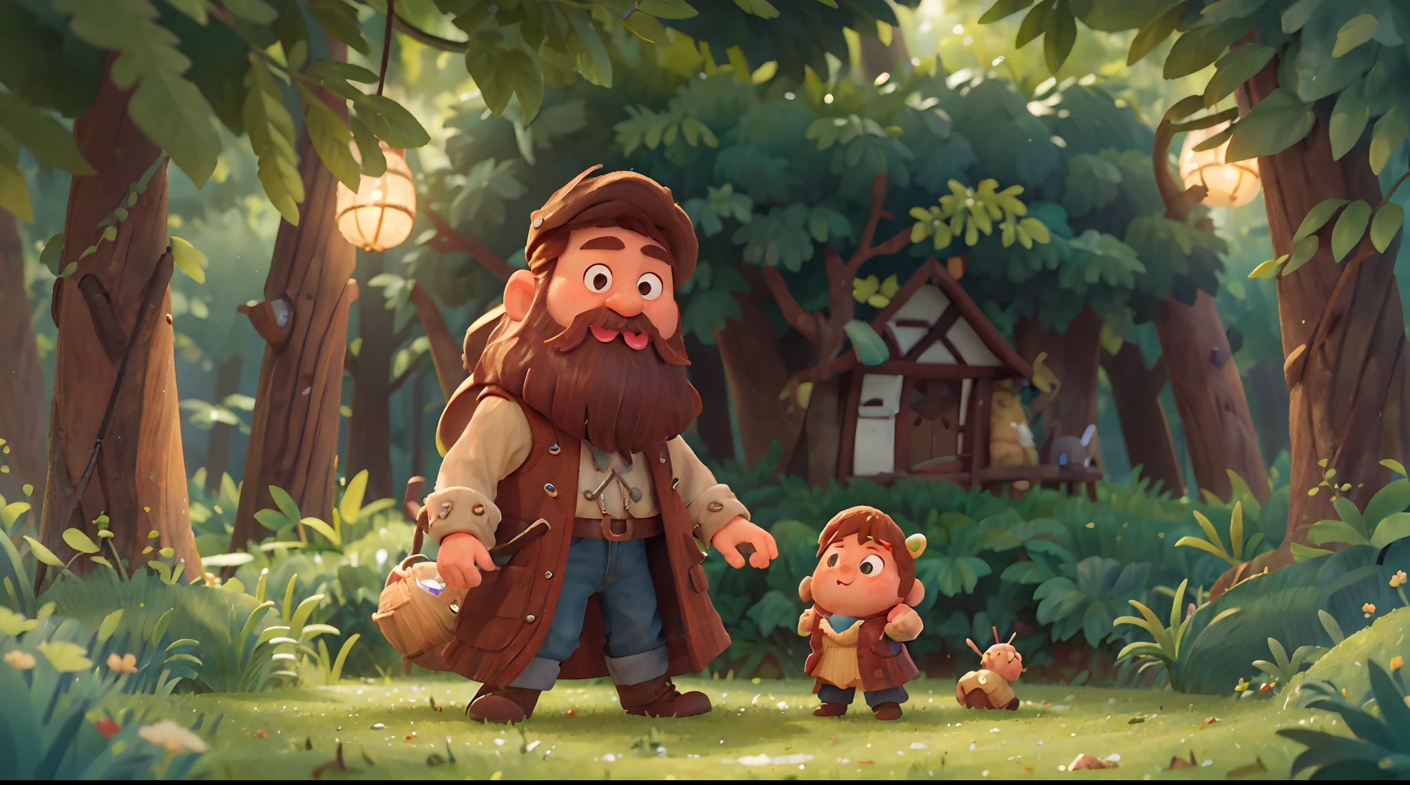 (best quality,4k,highres),(realistic:1.37),cute little wizard, white beard, Zauberstock,himmlische Kulisse,enchanted wooden hut,viele Tiere,summender Wald,Sonnenschein in den Baumkronen,zarte Nebelschwaden,total silbergrau,Dreamy,faszinierendes Licht,beruhigend,geheimnisvoll,entspannend,harmonisch. pixar. disney. cartoon. comic. 3D model.