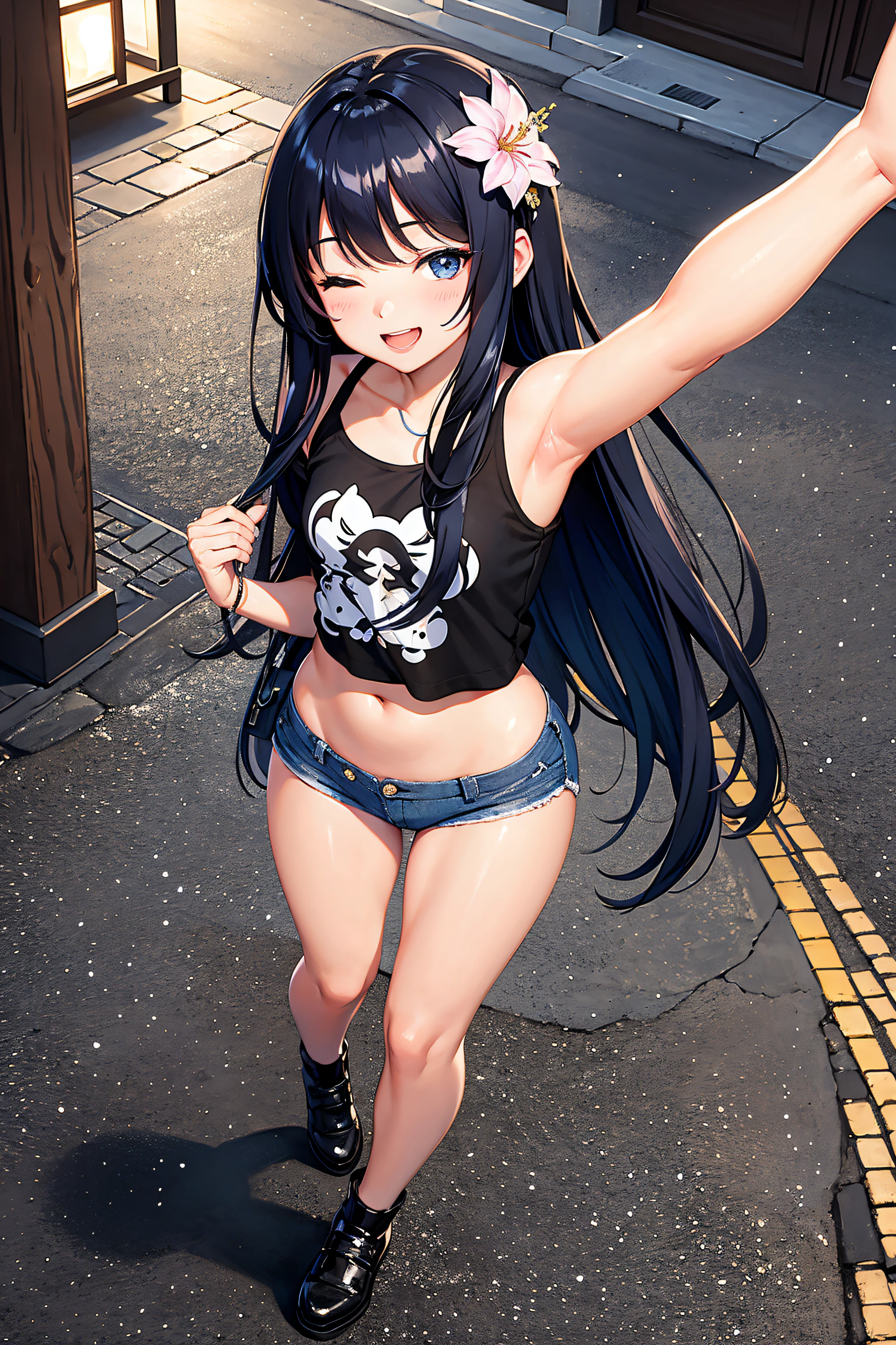 8 girl, solo, long haired, twintail hair, black hair, flat chest, (micro bikini), low leg, black long boots, leather jacket, (tongue out), (split tongue:1.5) , meny pierced earrings, navel piercing, thin legs, standing, exhibition, bare shoulder, half undressed, white skin, akihabara, street, (flom above), best quality,