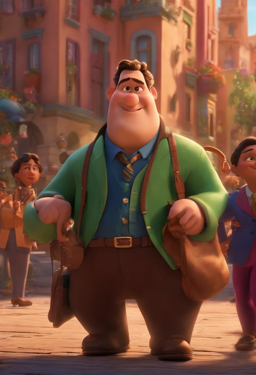 A city councilman looking at a dream project inspired by Pixar animation, de perto. The character takes center stage with captivating facial expressions, oferecendo um toque de irrealidade