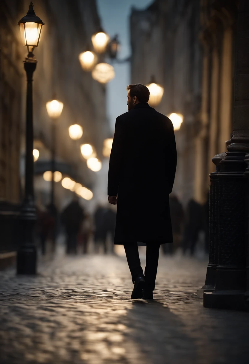 (best quality,4k,8k,highres,masterpiece:1.2),ultra-detailed,realistic,photorealistic:1.37,man in black clothes, streetlamp-lit background, in the ally at night city, volumetric lighting
