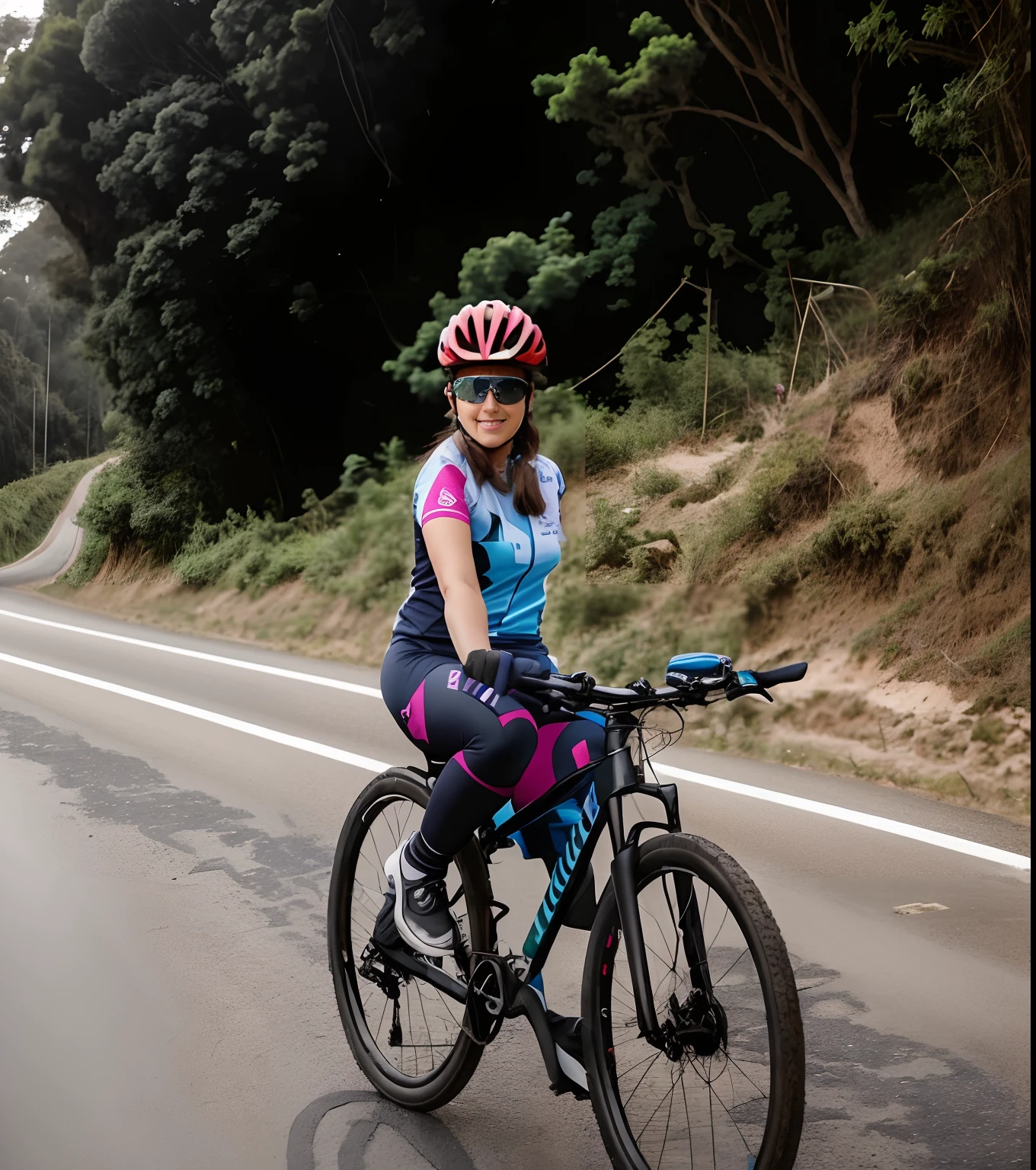 There's a woman riding her bike on a road with a helmet on, ciclismo!!, imagem de perfil, Lorena Avarez, Pose triunfante, Andar na estrada, Karla Ortiz, foto ainda, assumindo o controle enquanto sorri, not cropped, andar de bicicleta, photos that go hard, dando os polegares para cima, desenrolar!, por Dan Content, Fotografia tirada em 2 0 2 0