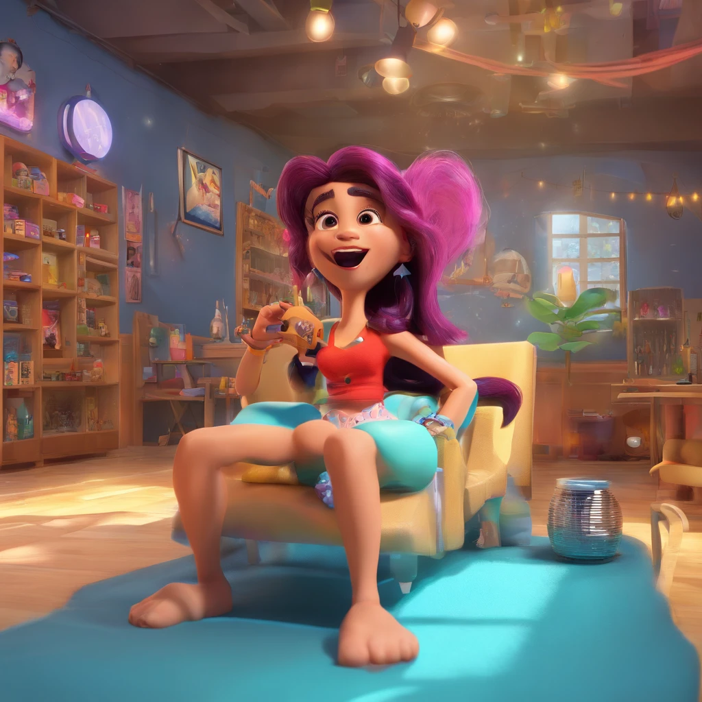 create a 3D movie poster inspired by Disney Pixar, The scene should be in Pixar's signature digital art style, com uma imagem caricatural que lembra a cantora brasileira "Anita" in the prone position, Wearing a bikini while a tattoo artist is sitting tattooing with a giant ring on one hand, inside a tattoo parlor.
