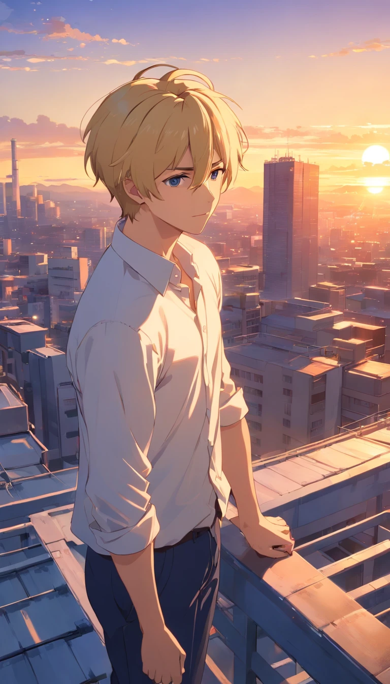 Two-block short hairstyle, short blonde Japanese anime male, beard, 40 years old, full body, wearing dark blue set-up, white shirt, rooftop of building with sunset view