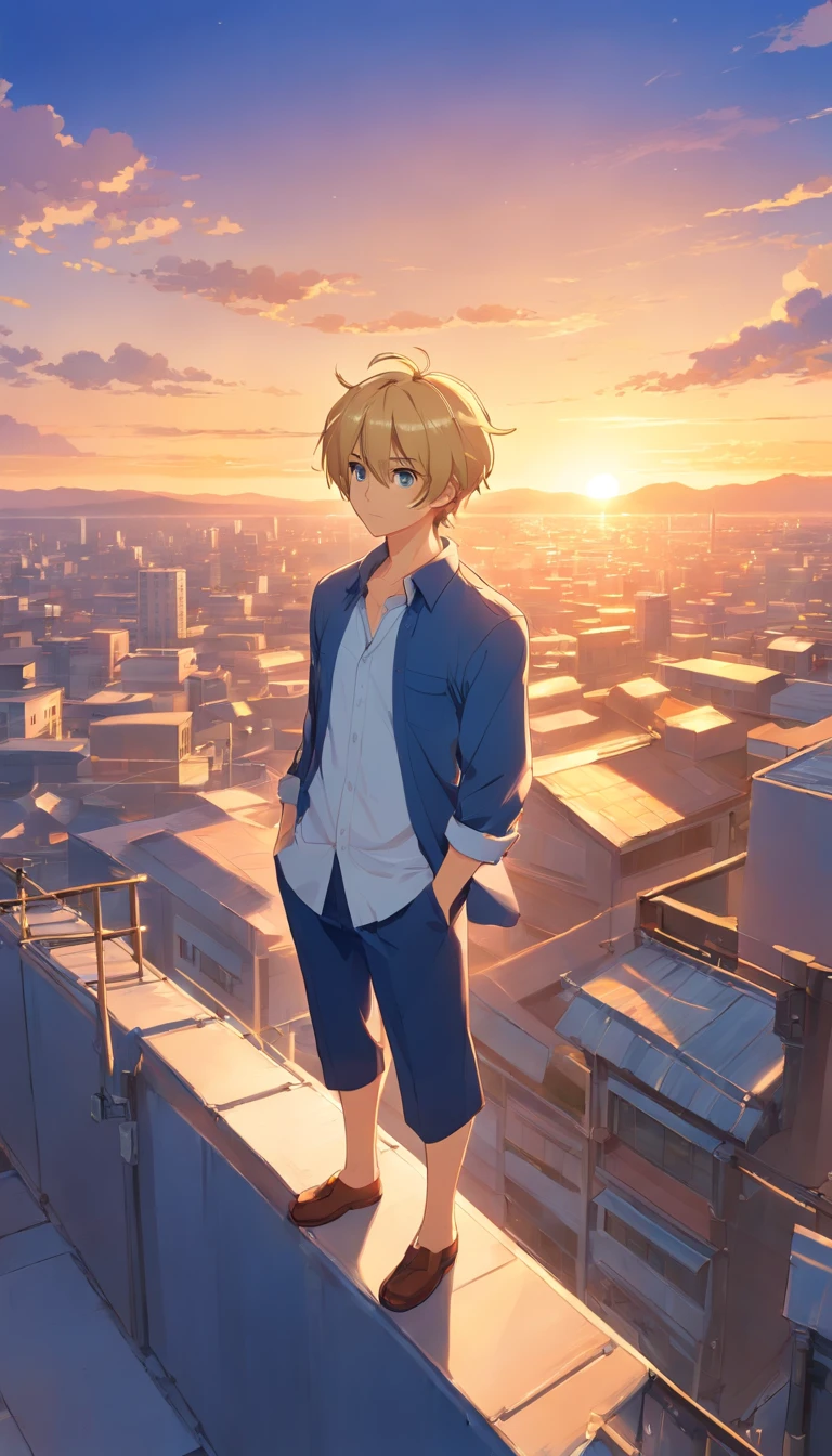 Two-block short hairstyle, short blonde Japanese anime male, beard, 40 years old, full body, wearing dark blue set-up, white shirt, rooftop of building with sunset view